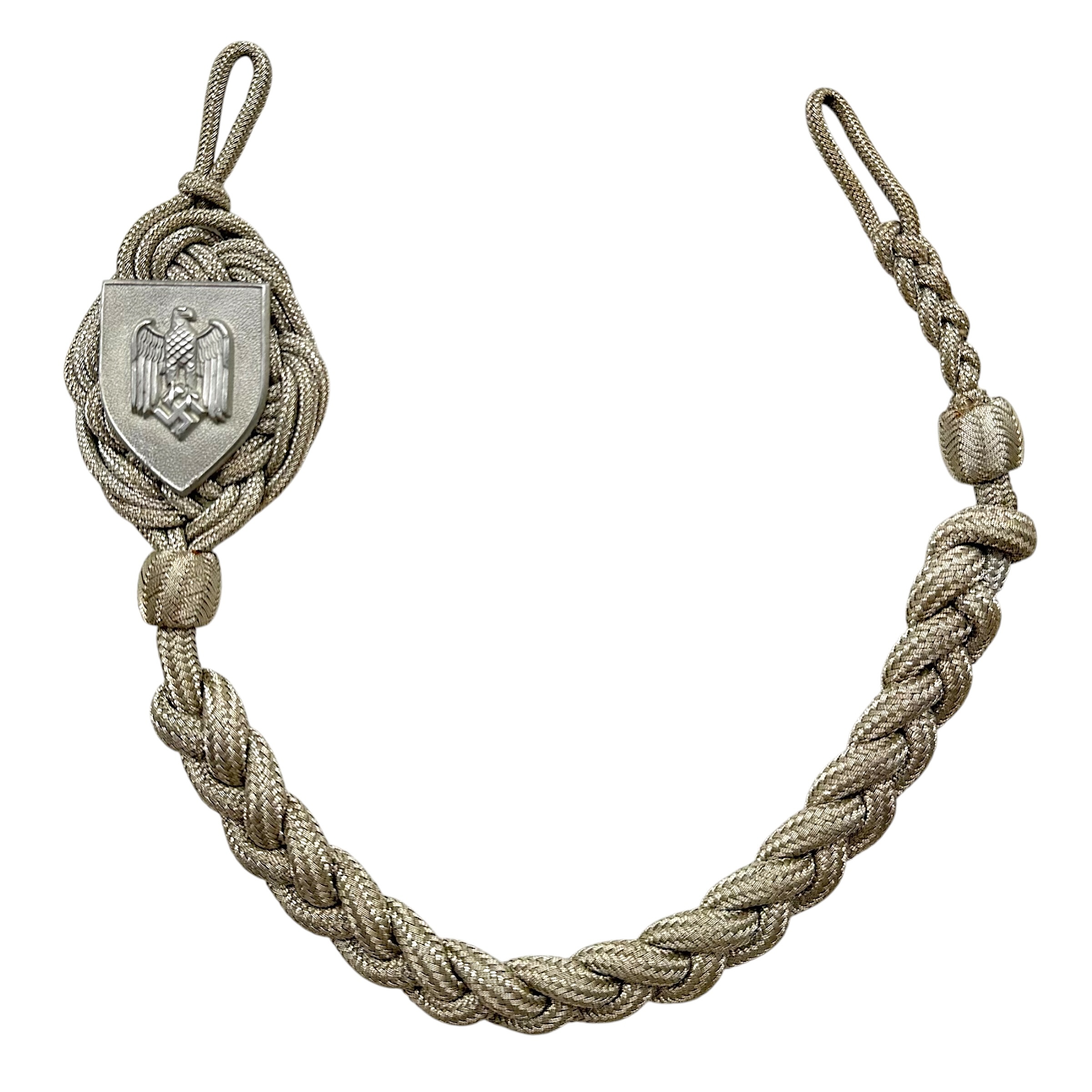 Original WWII German Wehrmacht Heer Schützenschnur für Gewehrschützen 1st Class shooting proficiency award with silver braided cord and eagle shield.