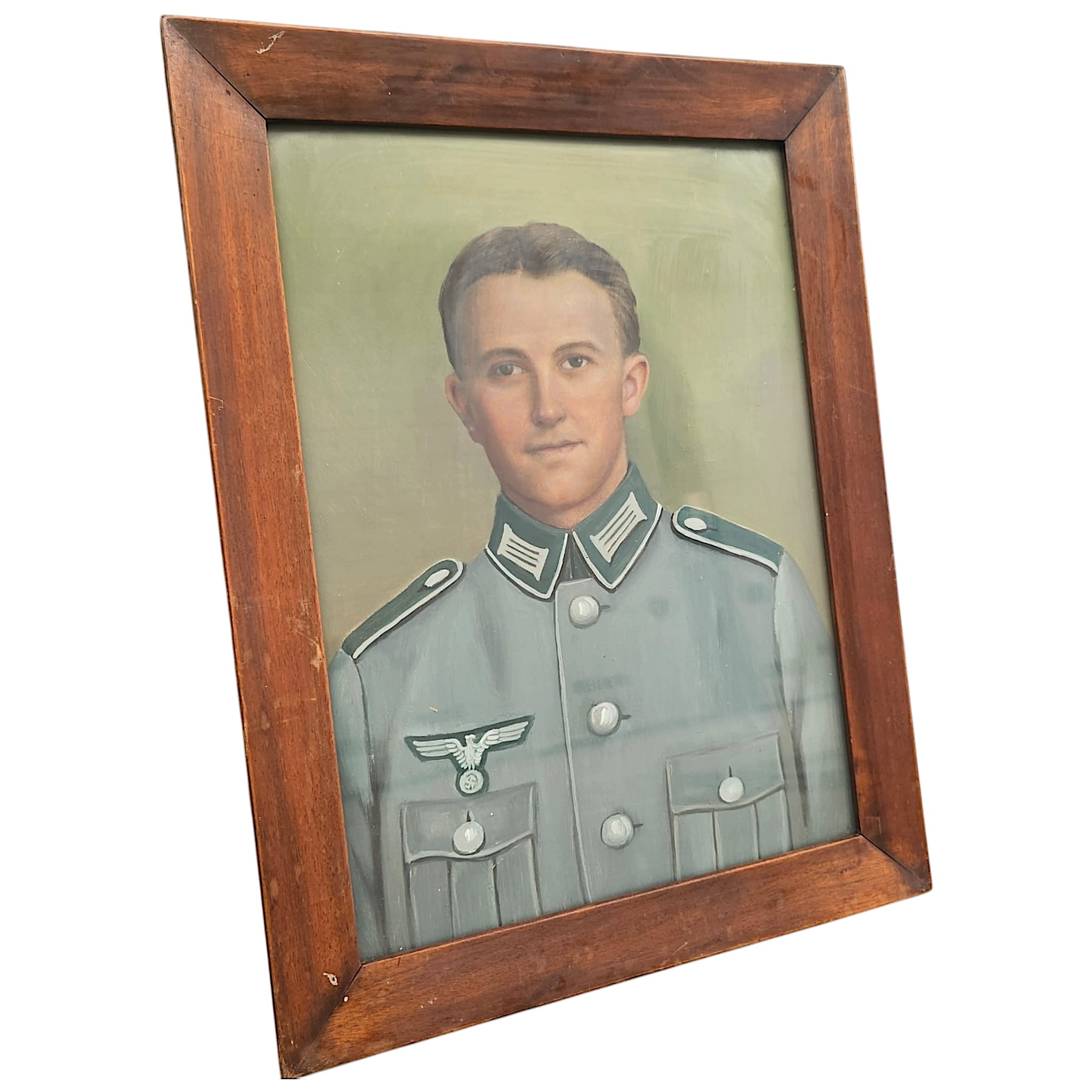 Original WWII German Wehrmacht Heer Soldier Hand-Painted Portrait in Period Frame