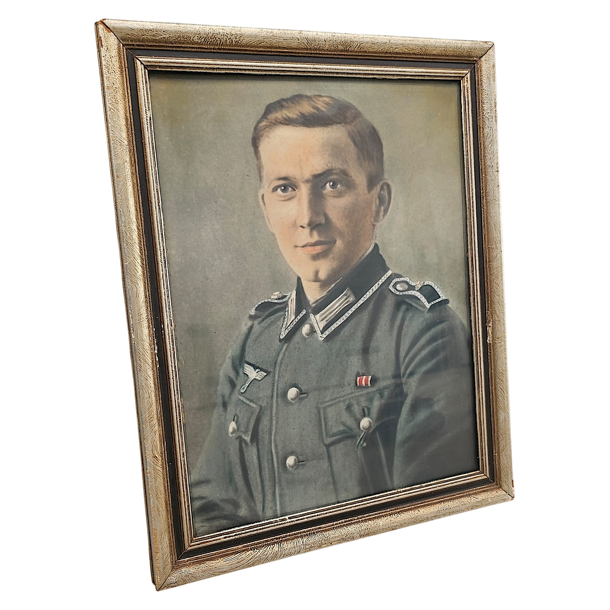 Original WWII German Wehrmacht Heer soldier colourised portrait in decorative period frame, measuring 46 x 35 cm, German military collectible.