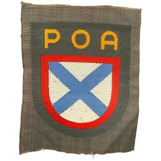 Original WWII German POA ROA Russian Liberation Army volunteer BeVo woven sleeve shield St Andrew's Cross Wehrmacht militaria.