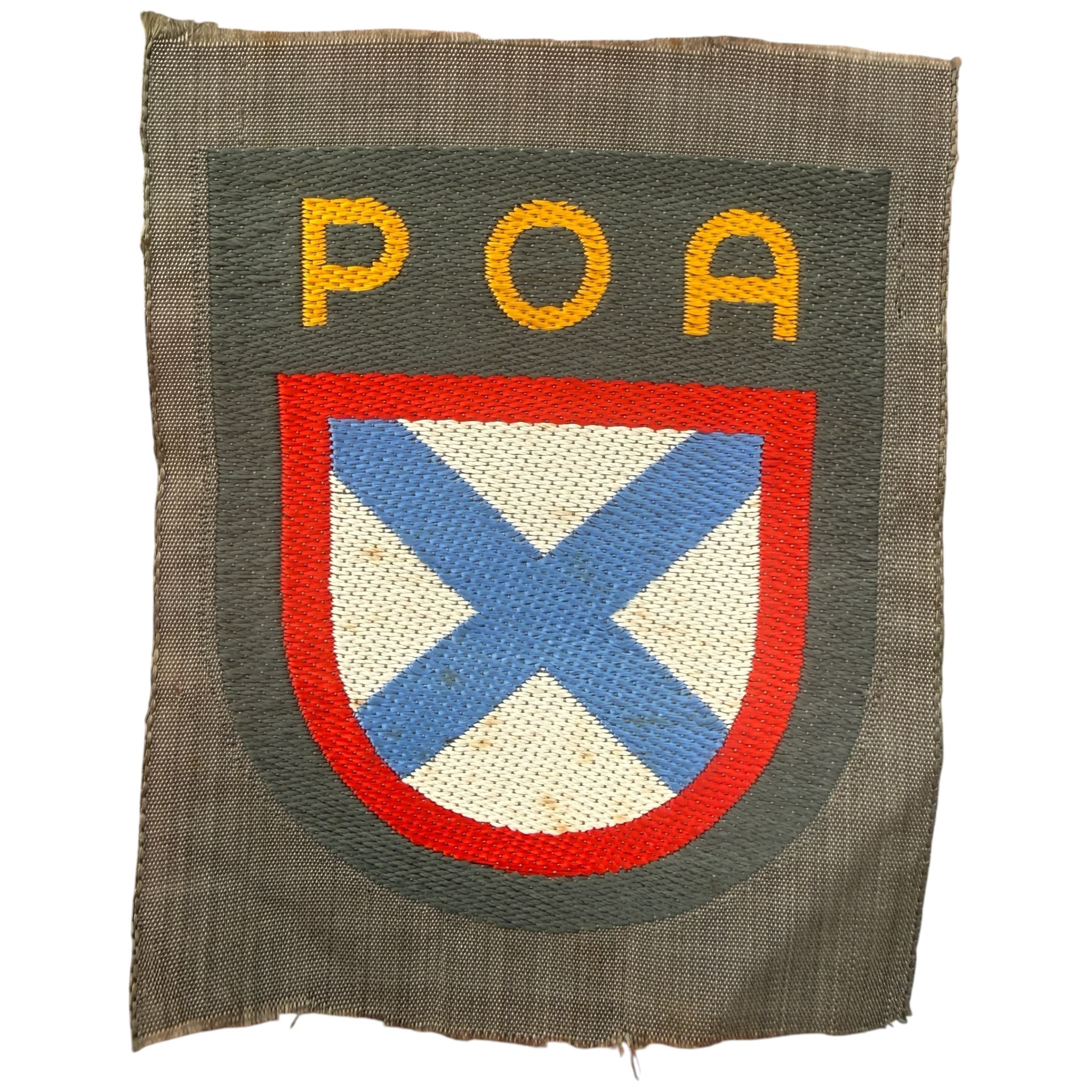 Original WWII German POA ROA Russian Liberation Army volunteer BeVo woven sleeve shield St Andrew's Cross Wehrmacht militaria.