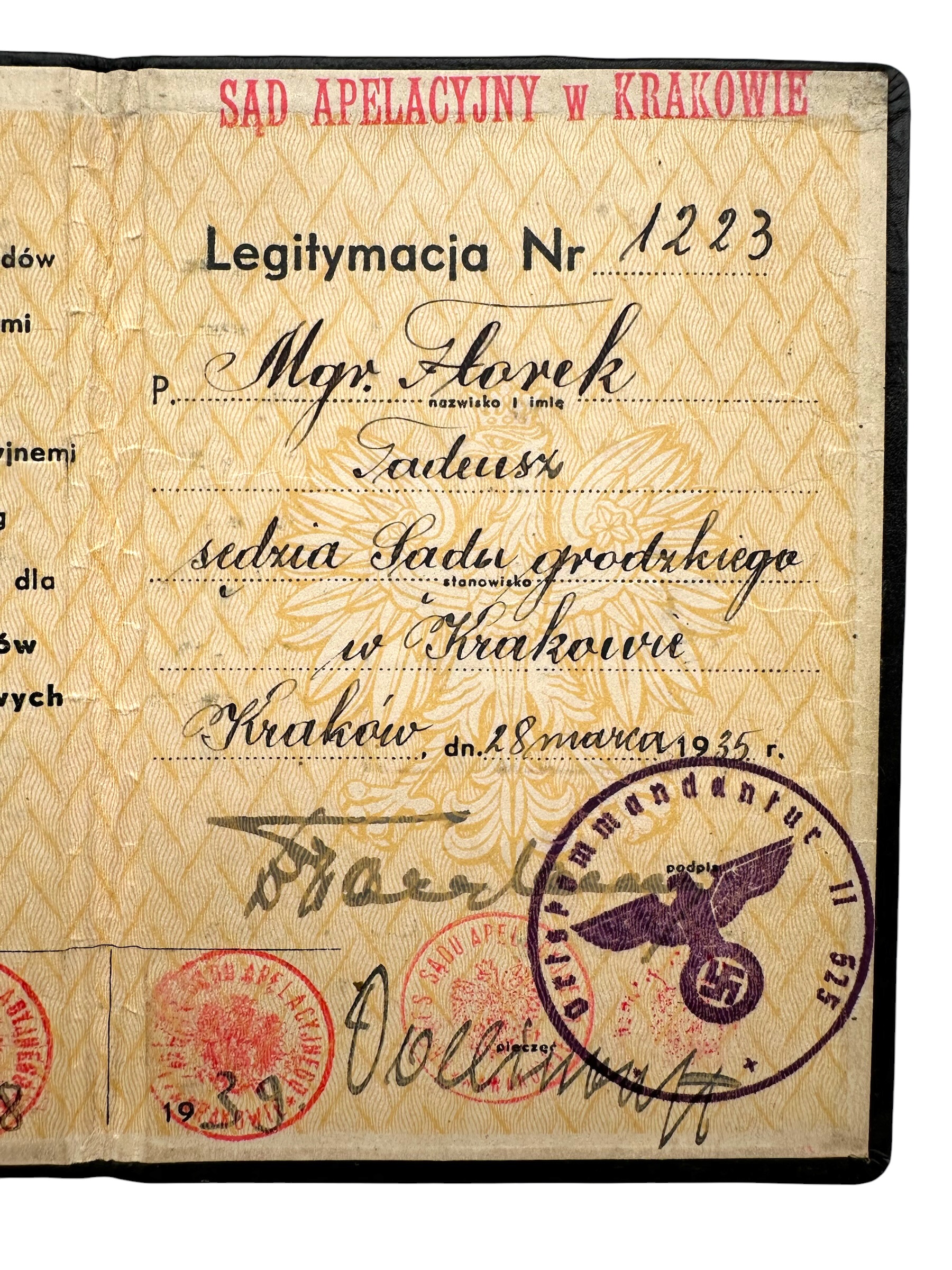 Original WWII Polish Krakow Court Judge Tadeusz Florek ID Card with German Generalgouvernement Stamp 1943