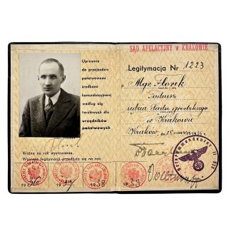 Original WWII Polish Krakow judge Tadeusz Florek ID card with portrait photo, court stamps and German Generalgouvernement occupation stamp 1943.