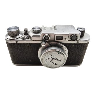 Original WWII Soviet Russian NKVD FED 1d camera 1941 Kharkov serial number 163228 with FED 50mm f/3.5 lens cap and leather carrying case.