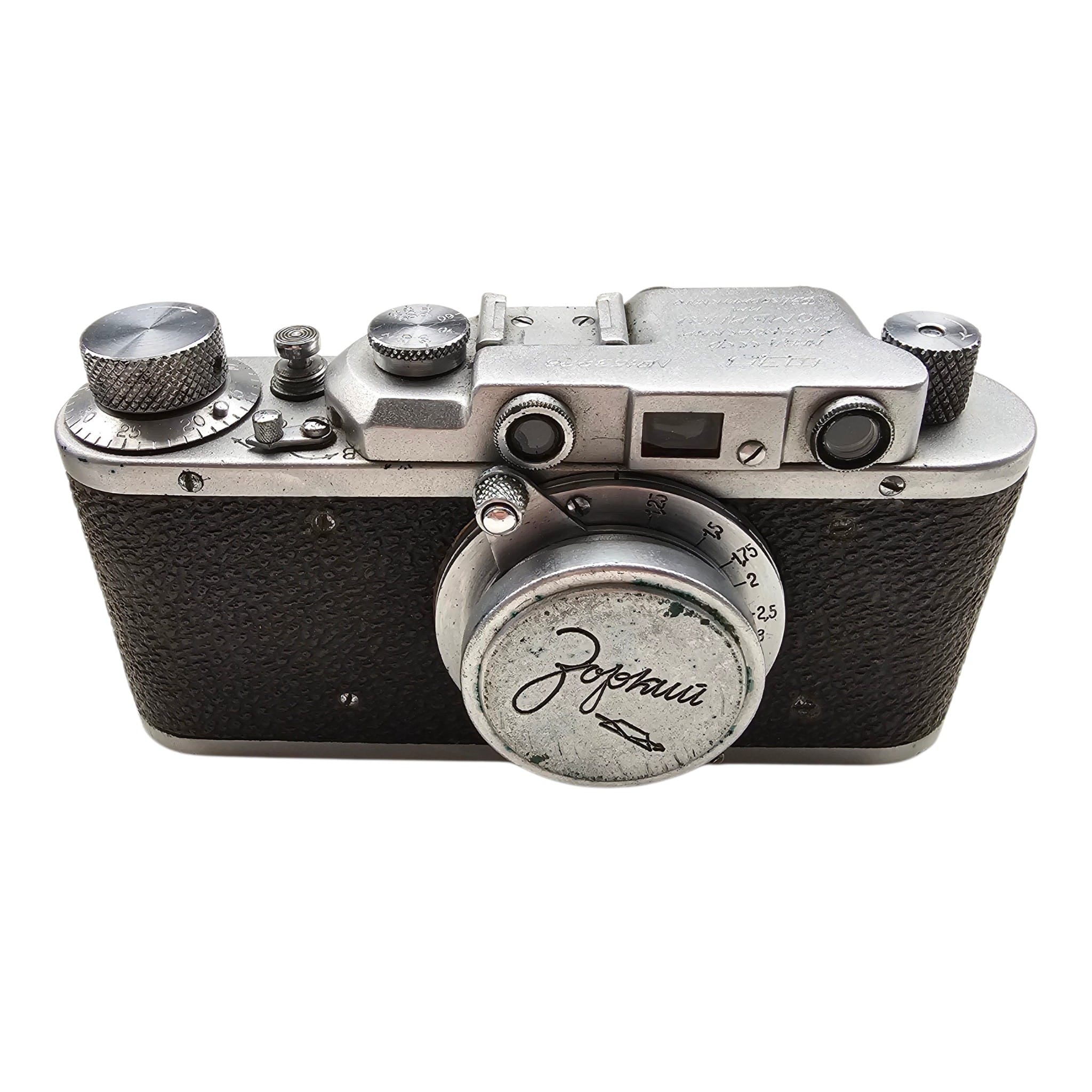 Original WWII Soviet Russian NKVD FED 1d camera 1941 Kharkov serial number 163228 with FED 50mm f/3.5 lens cap and leather carrying case.
