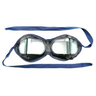 Original rare WWII Soviet Russian Red Army armored troops tanker protective goggles with glass lenses, metal frames and blue securing straps.