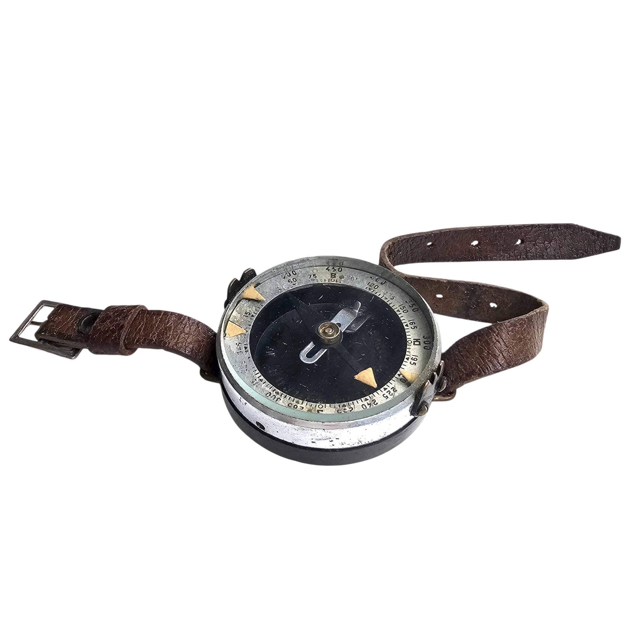 Original WWII Soviet Russian Red Army 1940 wrist compass with Cyrillic dial, graduated navigation scale and original brown leather wrist strap.