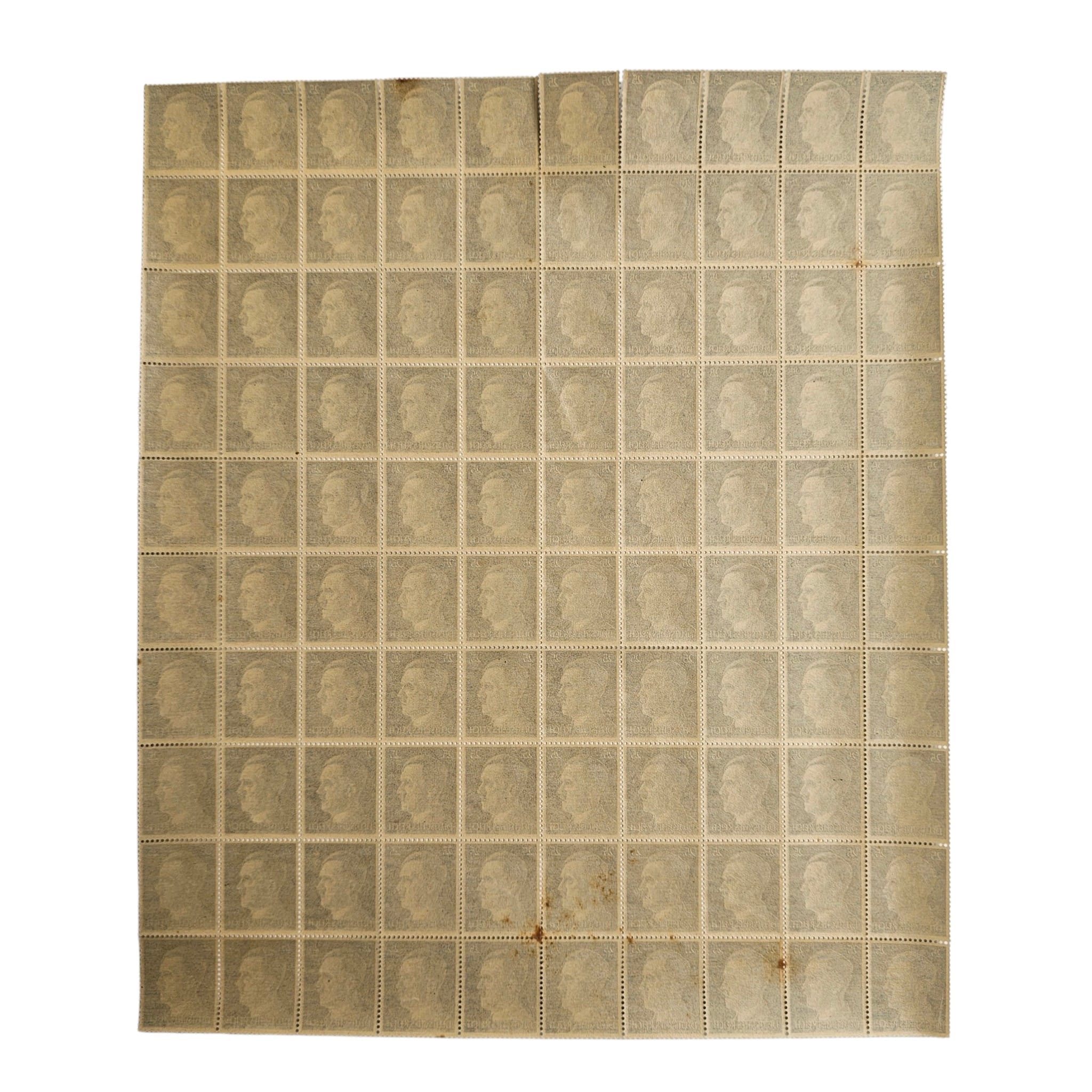 Original WWII German Adolf Hitler 25 Reichspfennig Postage Stamp Full Sheet of 100 - Afbeelding 2