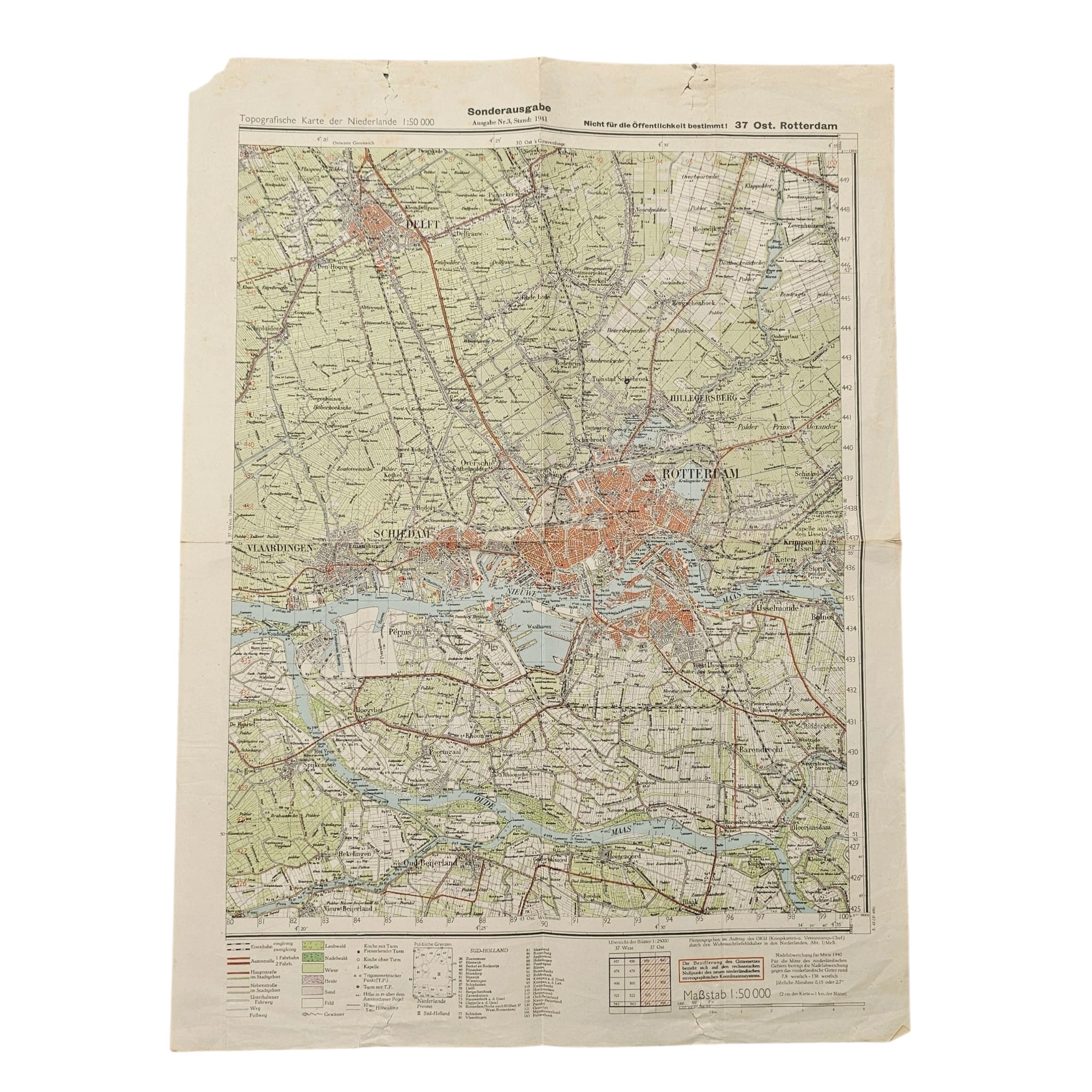 Originele WWII Duitse stafkaart Rotterdam en Delft 1941, Sonderausgabe 37 Ost Rotterdam, schaal 1:50.000, Duitse militaire kaart Nederland.