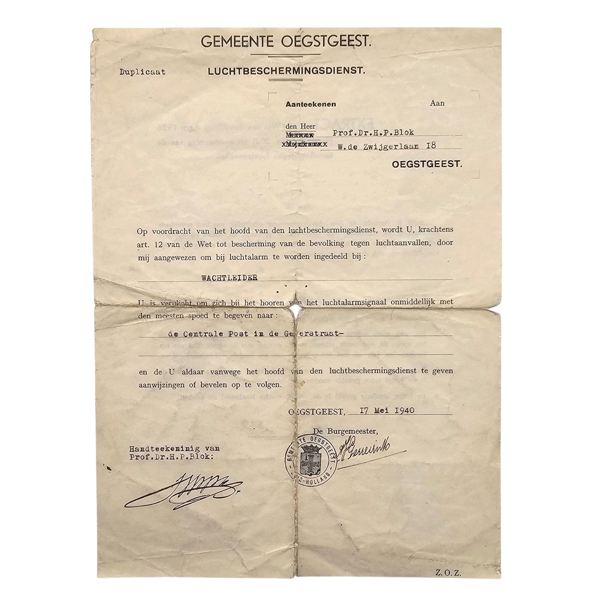 Original WWII Dutch Air Raid Protection Service Documents & ID Card Oegstgeest 1940 – Prof. H.P. Blok - Afbeelding 3