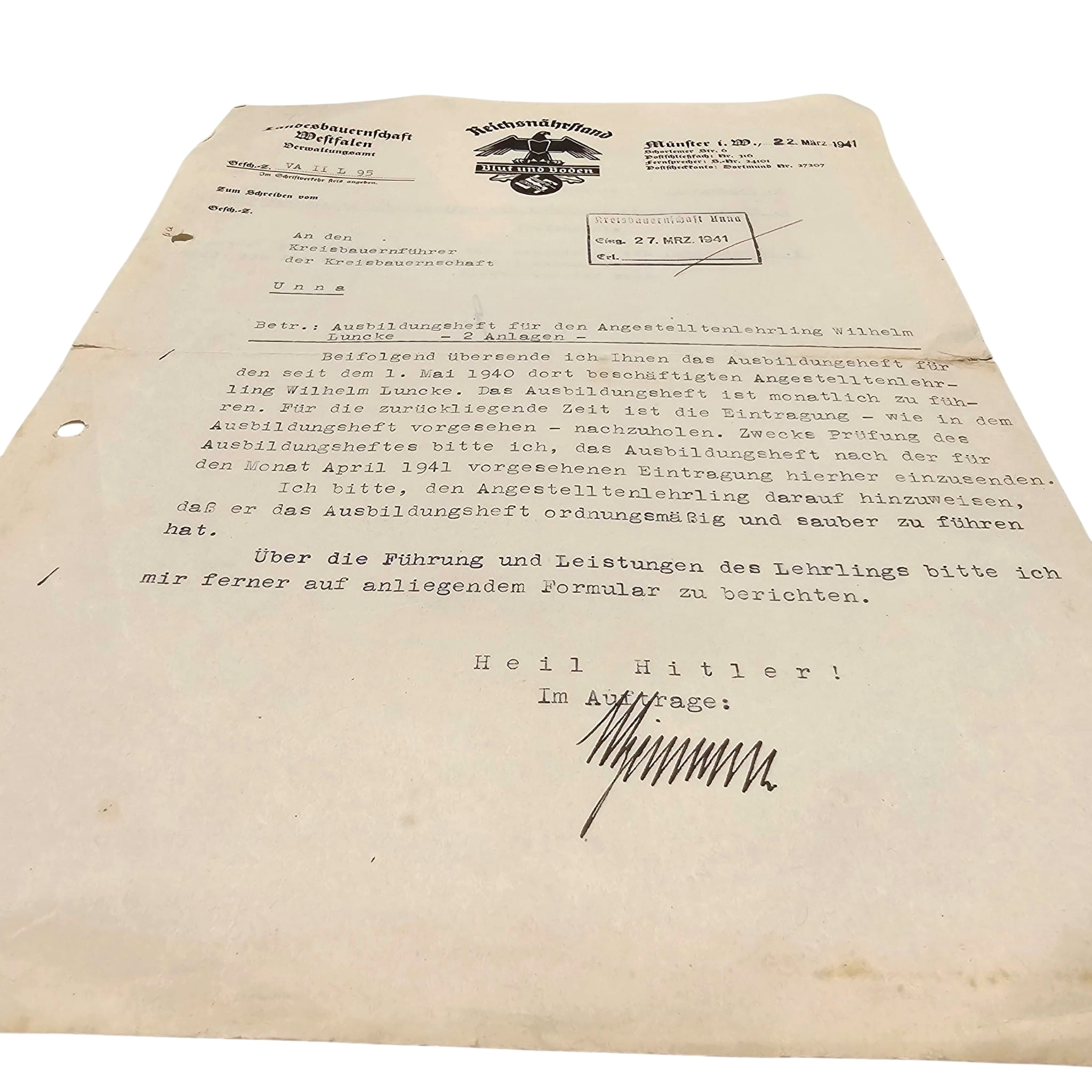 Original WWII German Reichsnährstand Landesbauernschaft Westfalen Document Wilhelm Luncke 1941