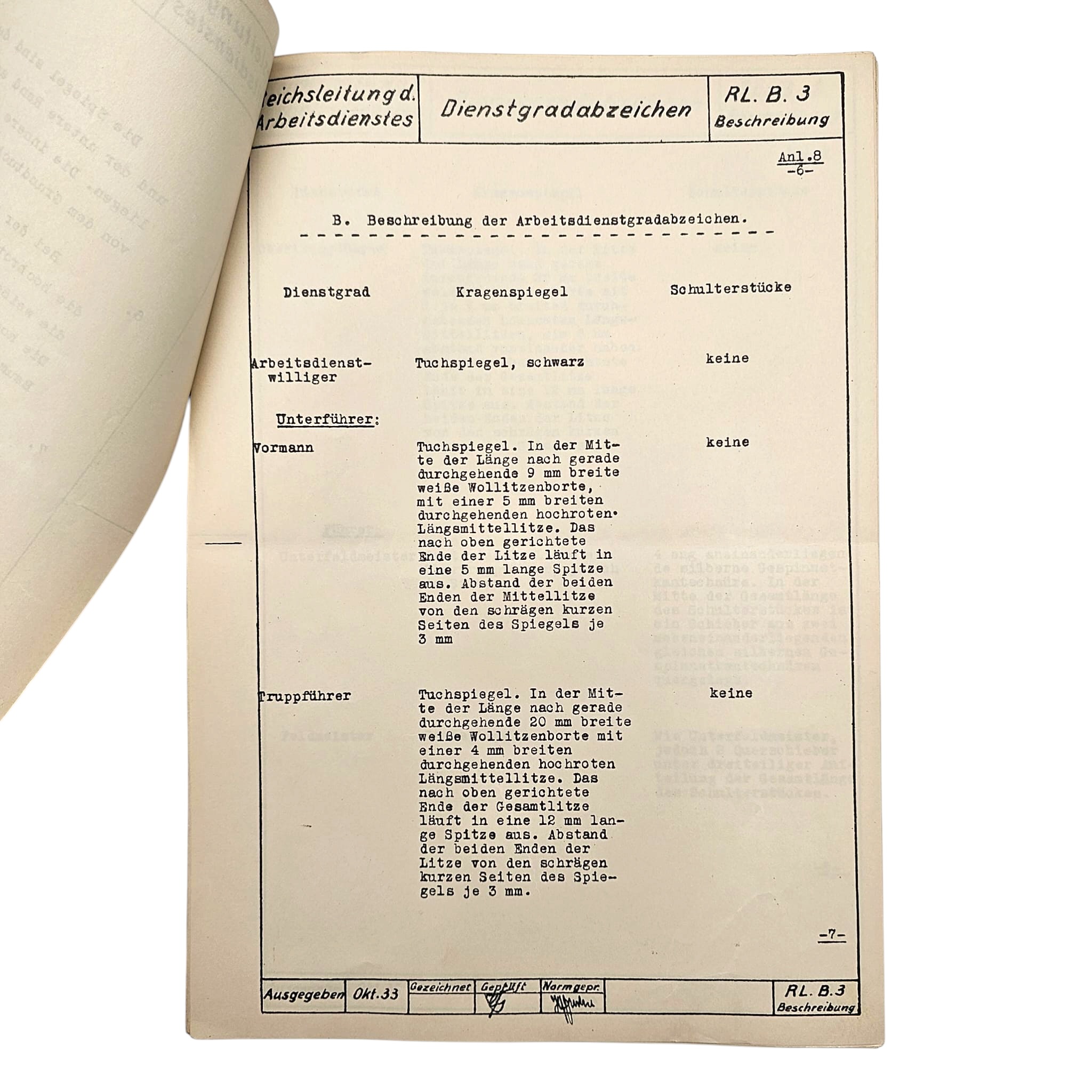Original 1933 German Arbeitsdienst Uniform Regulations – Dienstgradabzeichen RL.B.3 – Reichsleitung des Arbeitsdienstes