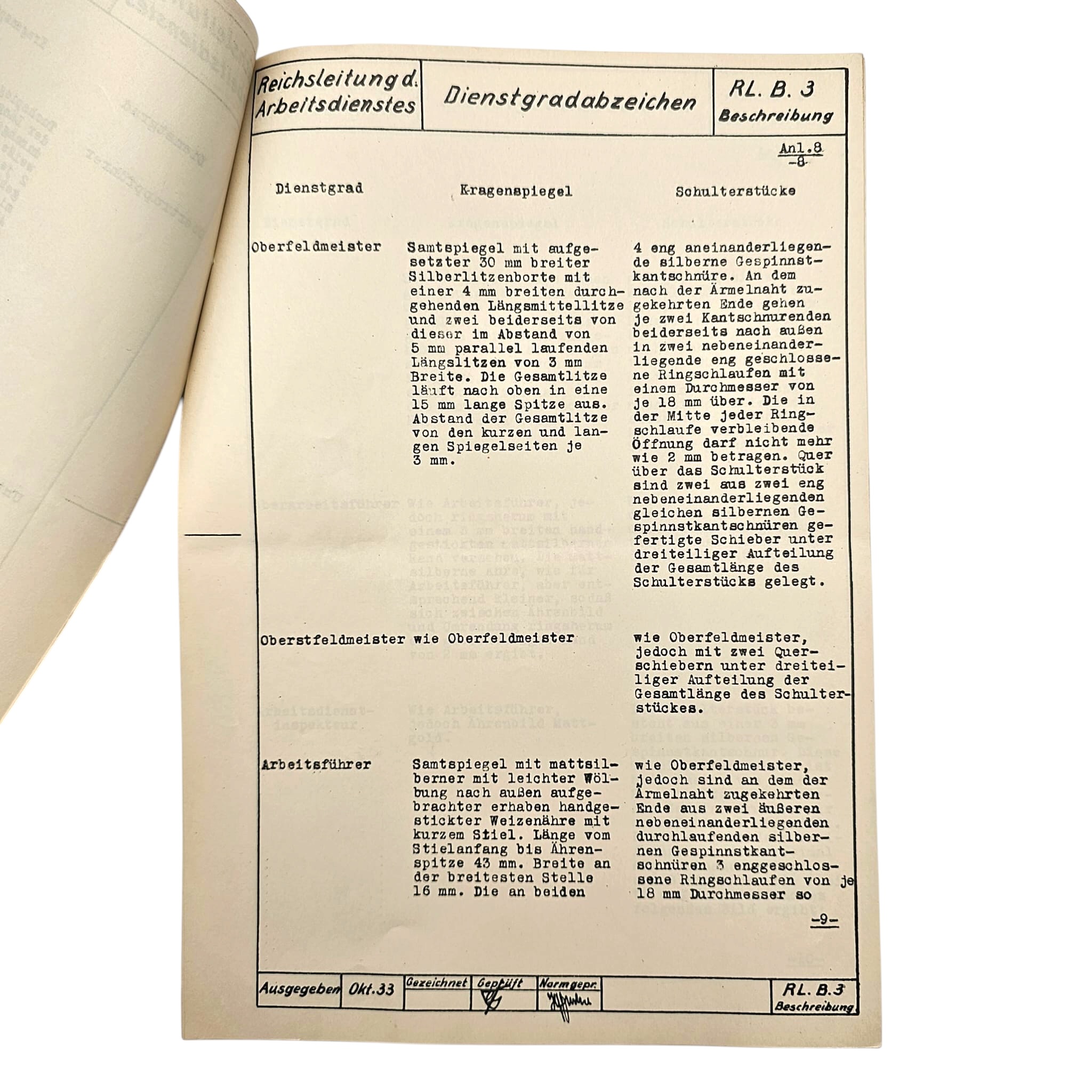 Original 1933 German Arbeitsdienst Uniform Regulations – Dienstgradabzeichen RL.B.3 – Reichsleitung des Arbeitsdienstes