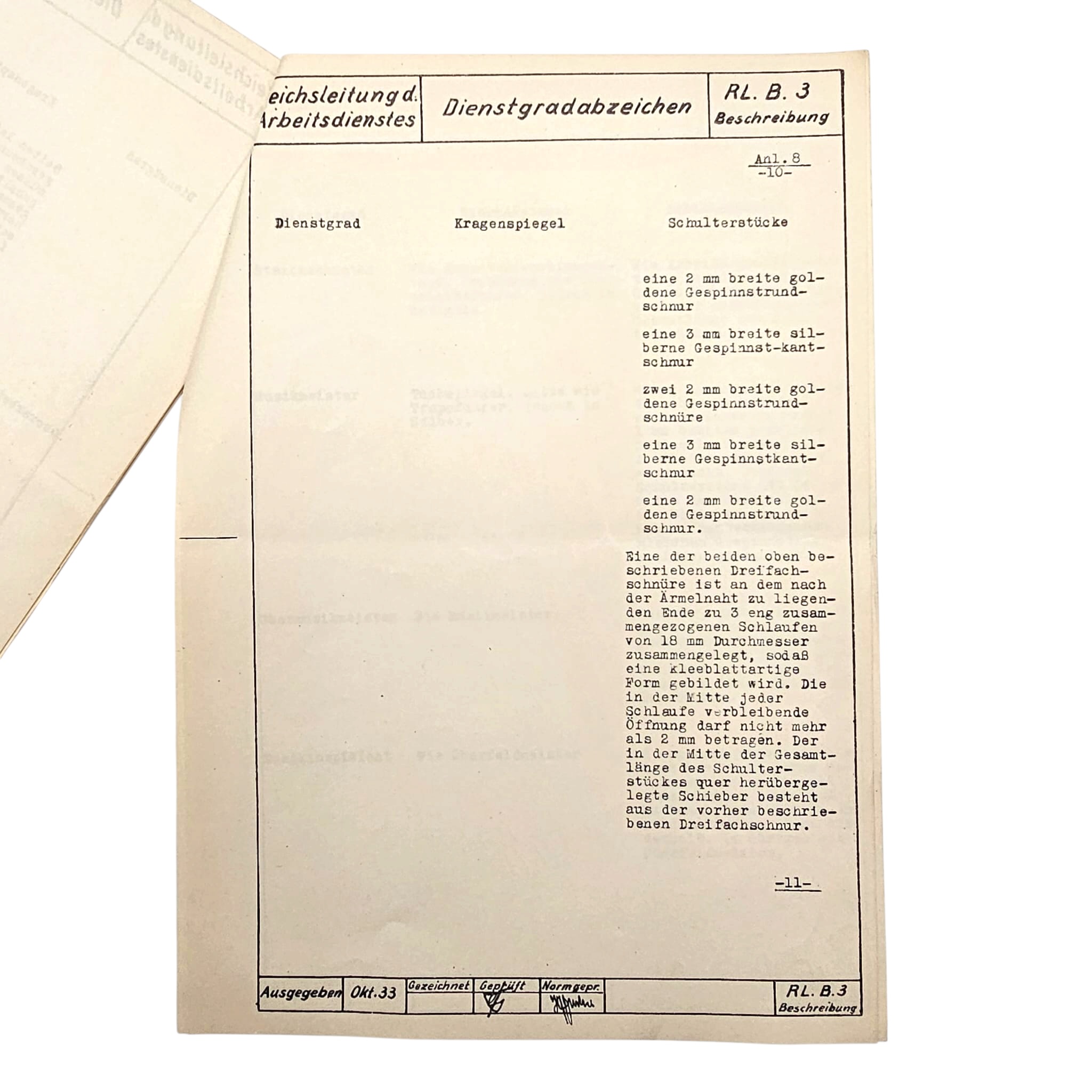 Original 1933 German Arbeitsdienst Uniform Regulations – Dienstgradabzeichen RL.B.3 – Reichsleitung des Arbeitsdienstes