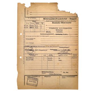 Origineel WWII Wehrmacht-Frachtbrief gericht aan Kriegsmarine Ausrüstungsstelle Rotterdam, 1944