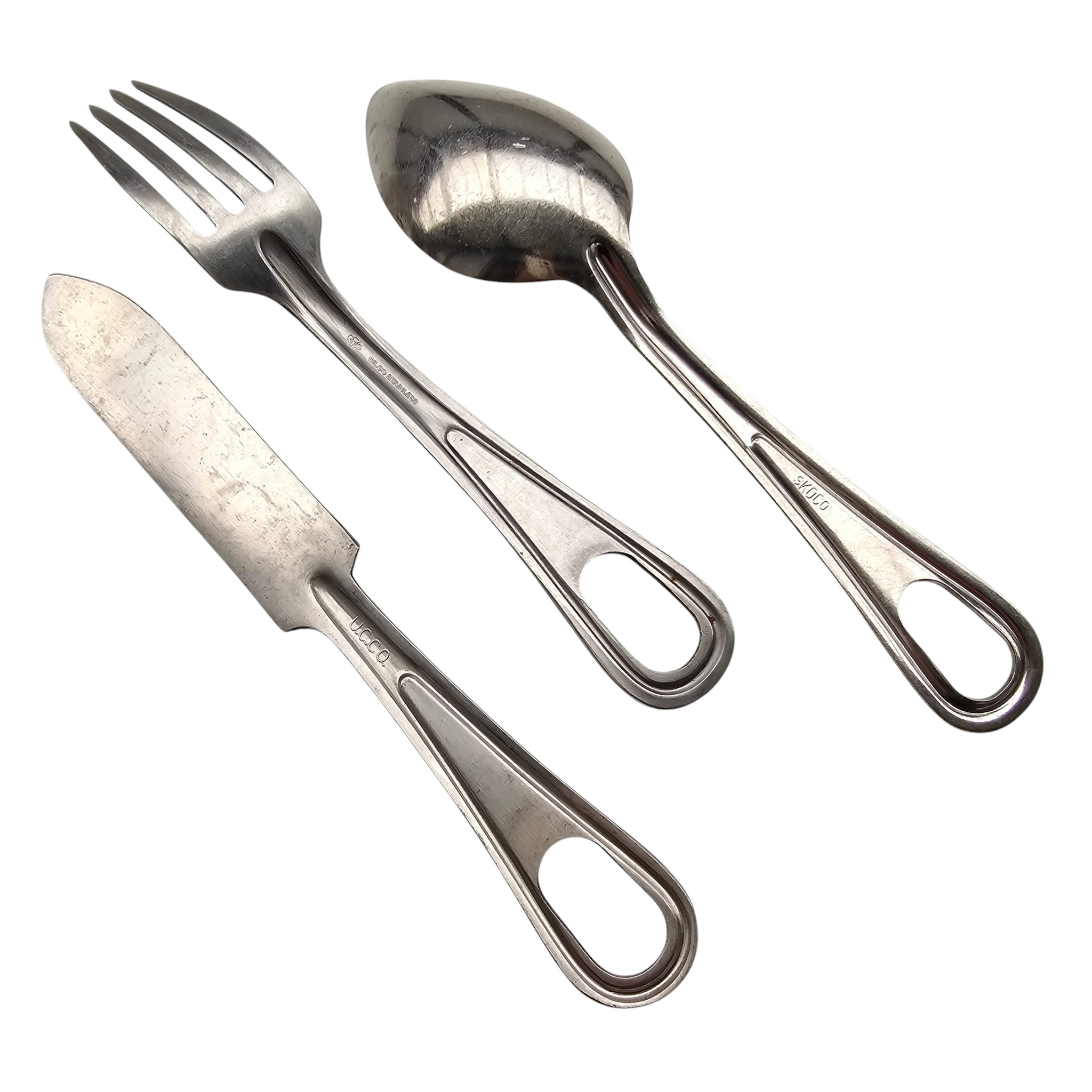Original WWII US Army Military Mess Kit Cutlery Set – Stainless Steel Fork, Knife & Spoon – U.S. Marked - Afbeelding 3