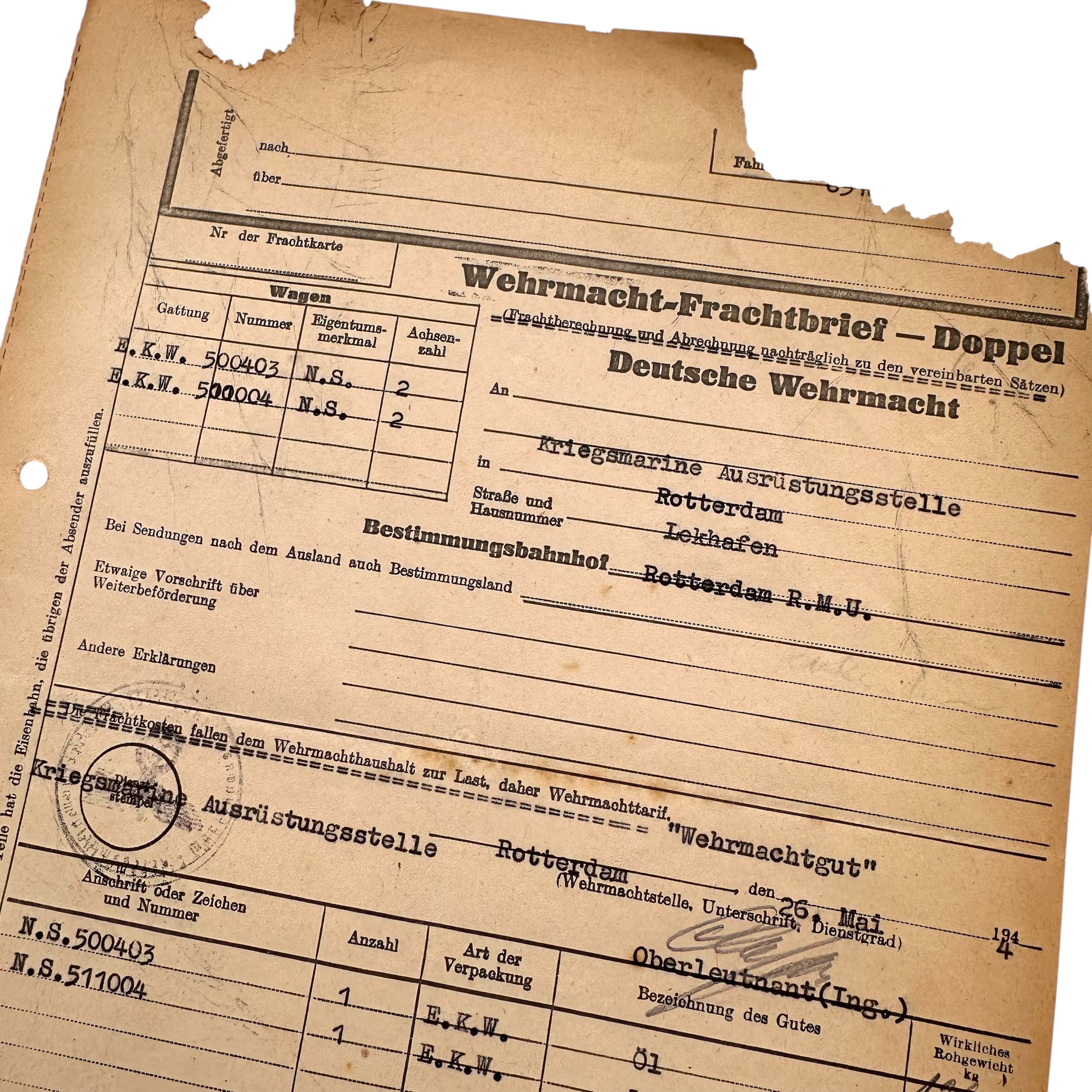 Original WWII German Wehrmacht Frachtbrief Rotterdam 1944 - Afbeelding 2