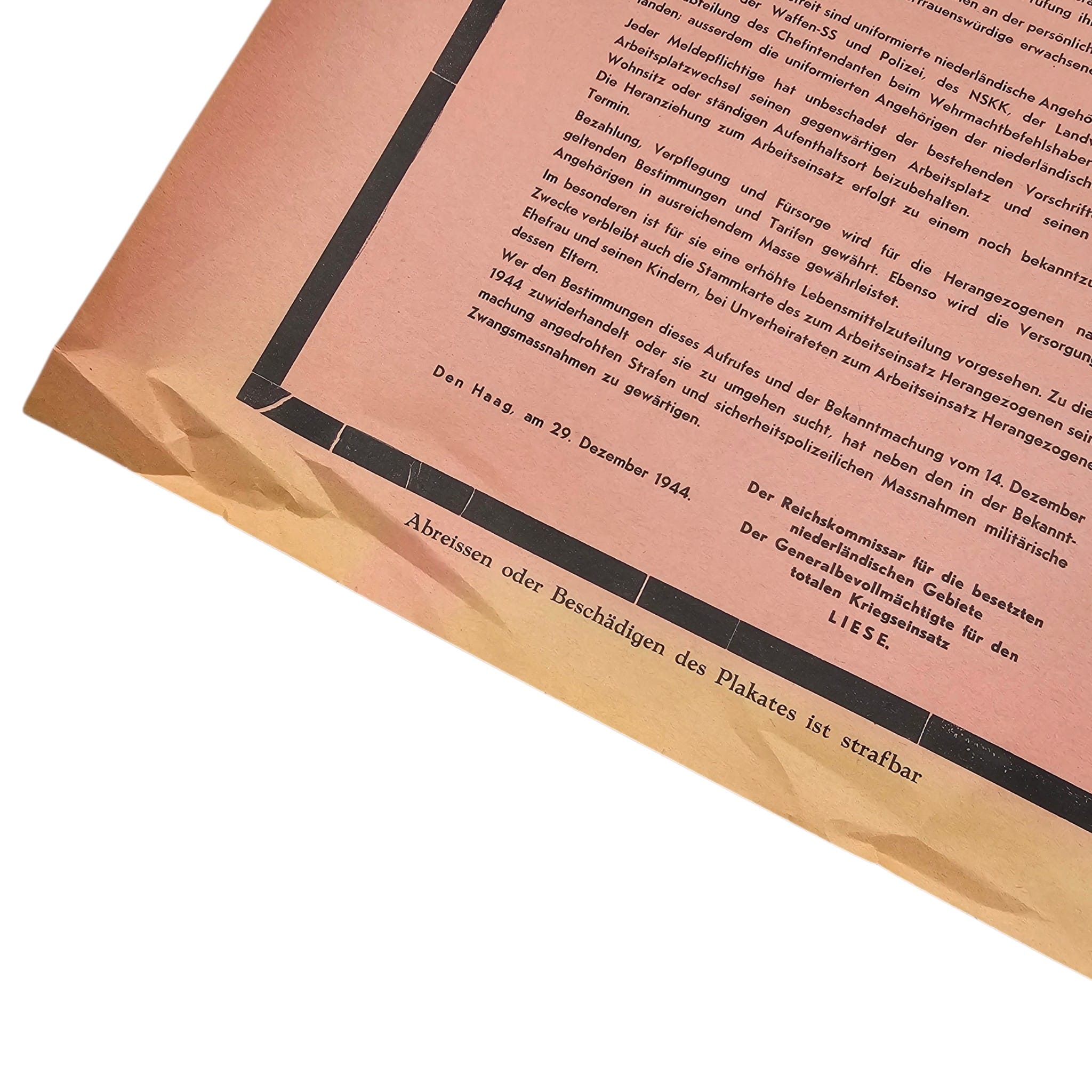Original WWII German Occupation 'Aufruf Oproep' Arbeitseinsatz Poster – The Hague 29 December 1944 - Afbeelding 4