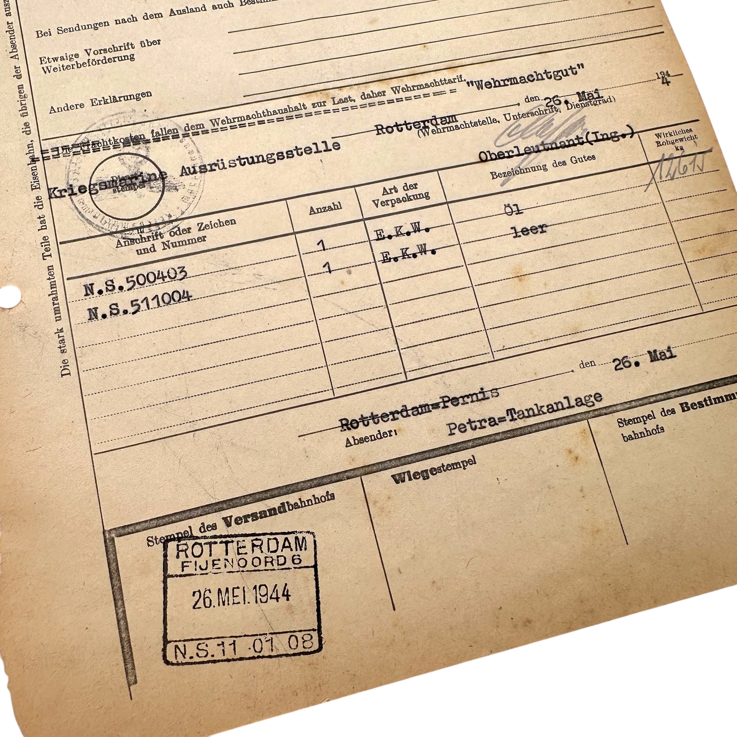 Original WWII German Wehrmacht Frachtbrief Rotterdam 1944 - Afbeelding 3