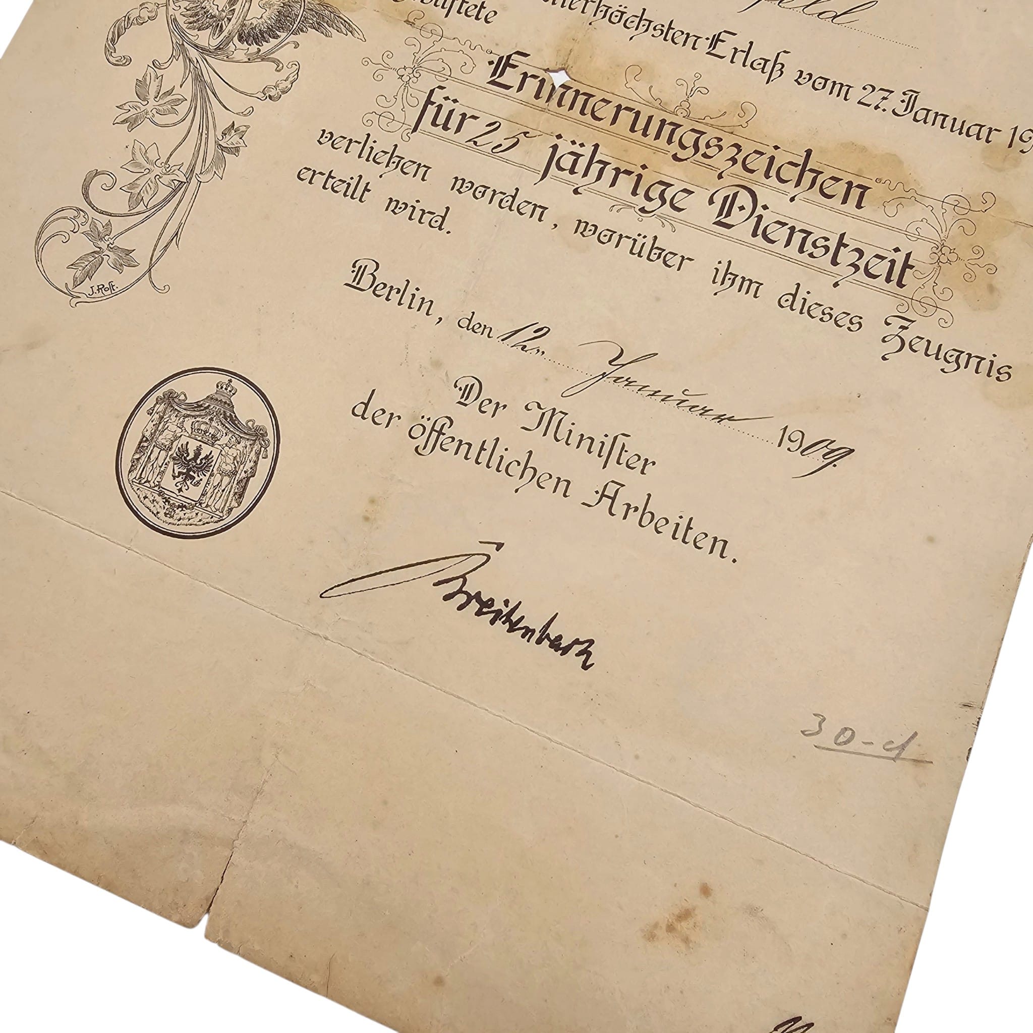 Original Imperial German Prussian 25-Year Service Award Certificate – Elberfeld 1909