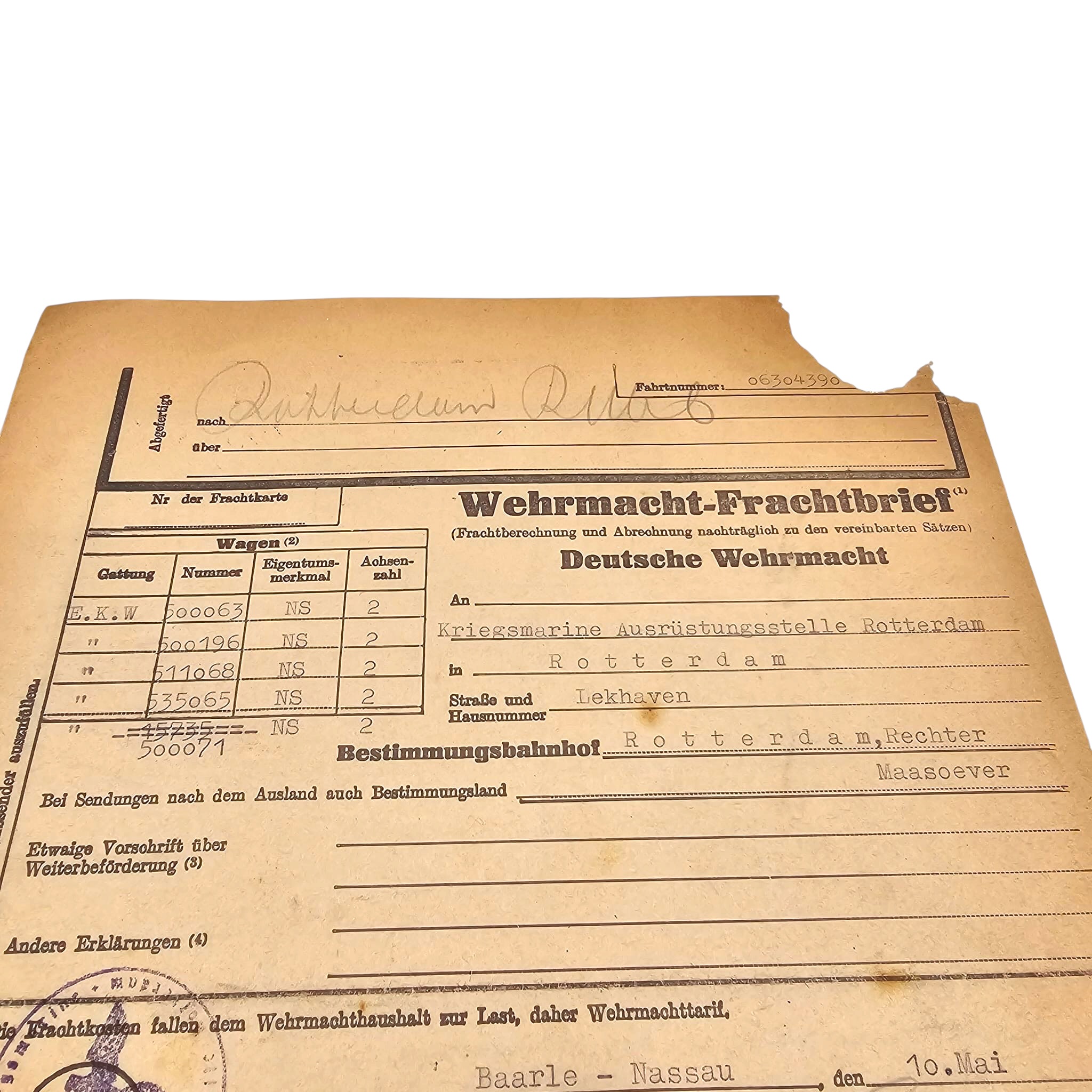 Original WWII German Kriegsmarine Wehrmacht Freight Document Rotterdam – Baarle-Nassau 1944