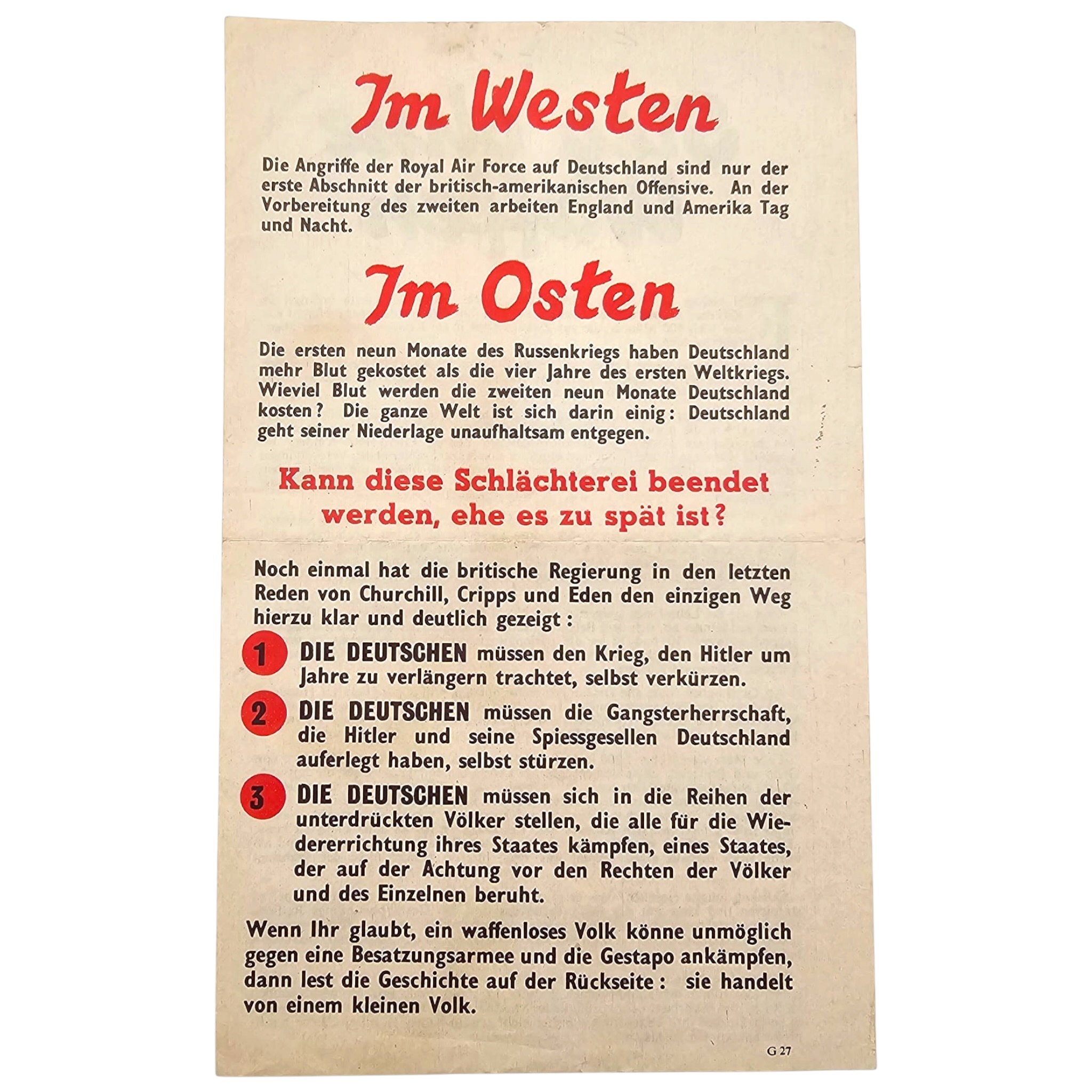 Original WWII Allied Propaganda Leaflet 'Sieg ohne Waffen' G 27 - Afbeelding 2