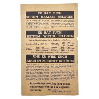 Origineel WWII geallieerd propagandastrooibiljet 'Er Hat Euch Schon Damals Belogen'