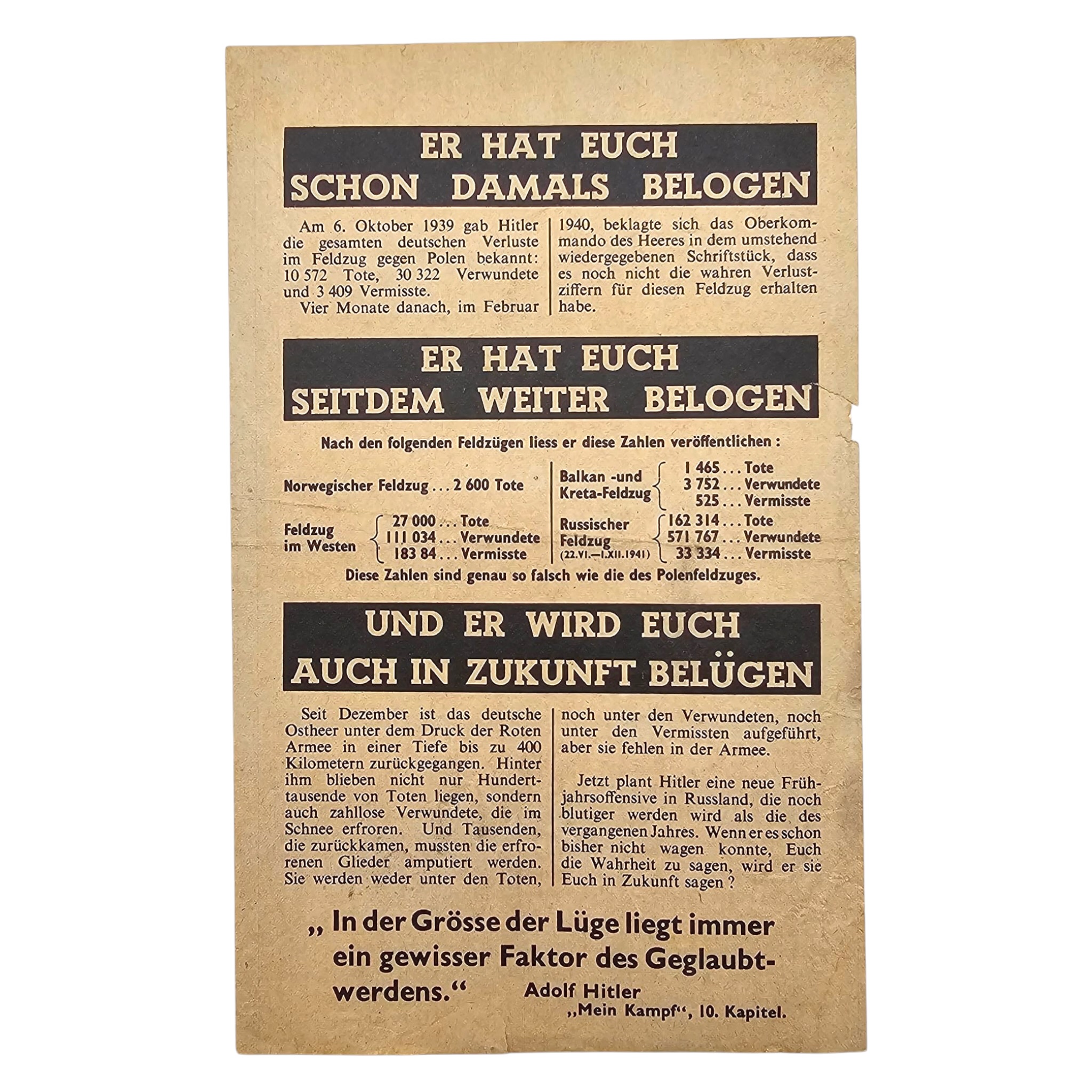 Origineel WWII geallieerd propagandastrooibiljet 'Er Hat Euch Schon Damals Belogen'