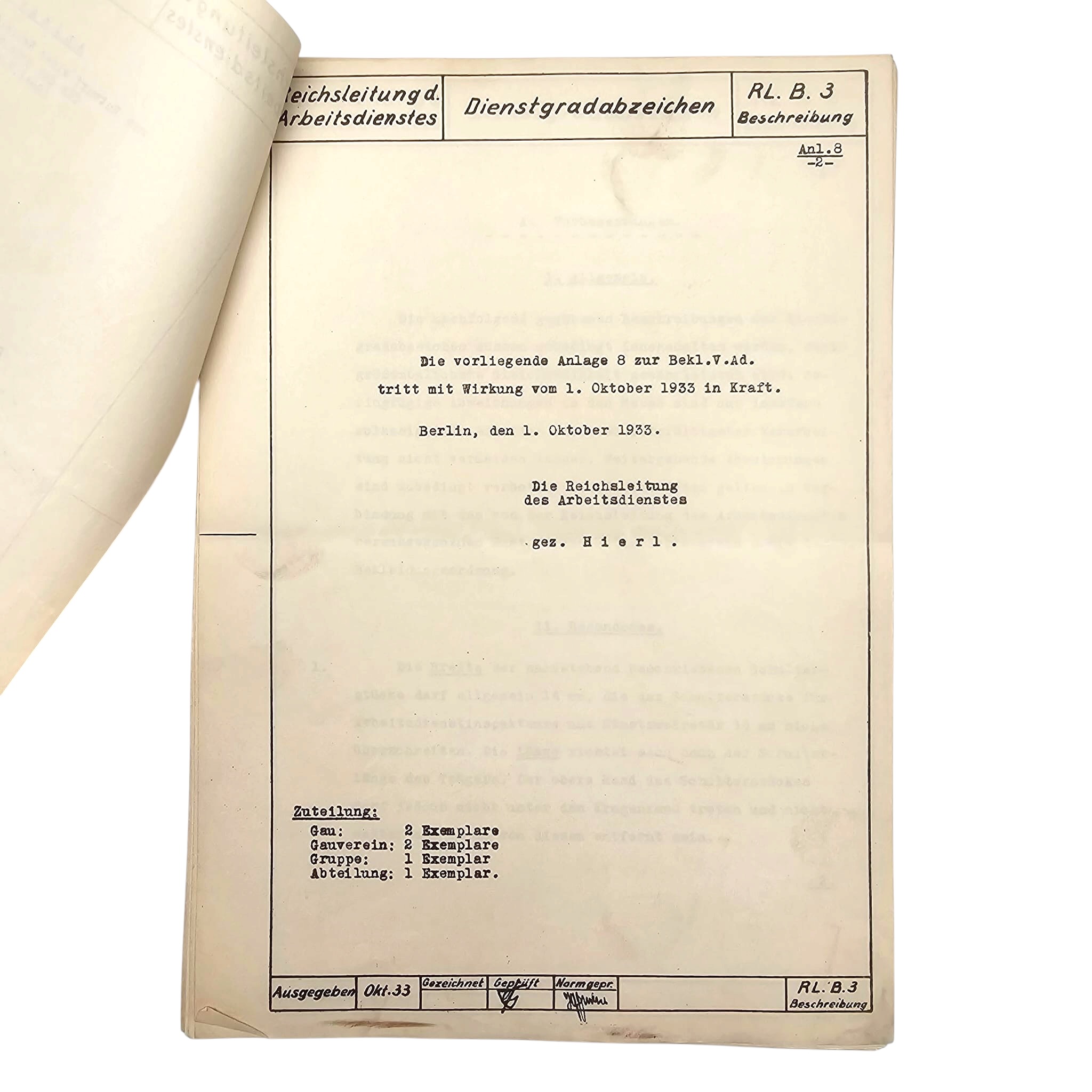 Original 1933 German Arbeitsdienst Uniform Regulations – Dienstgradabzeichen RL.B.3 – Reichsleitung des Arbeitsdienstes