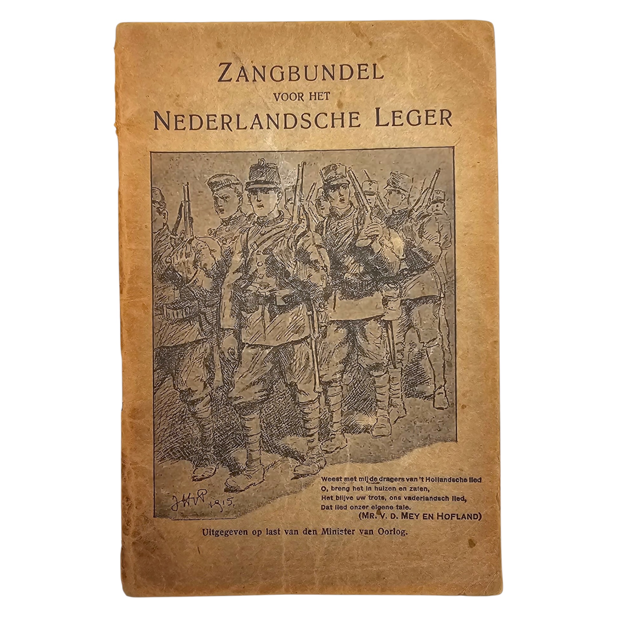 Originele Nederlandse zangbundel voor het leger, voorzijde met illustratie van soldaten, 1915