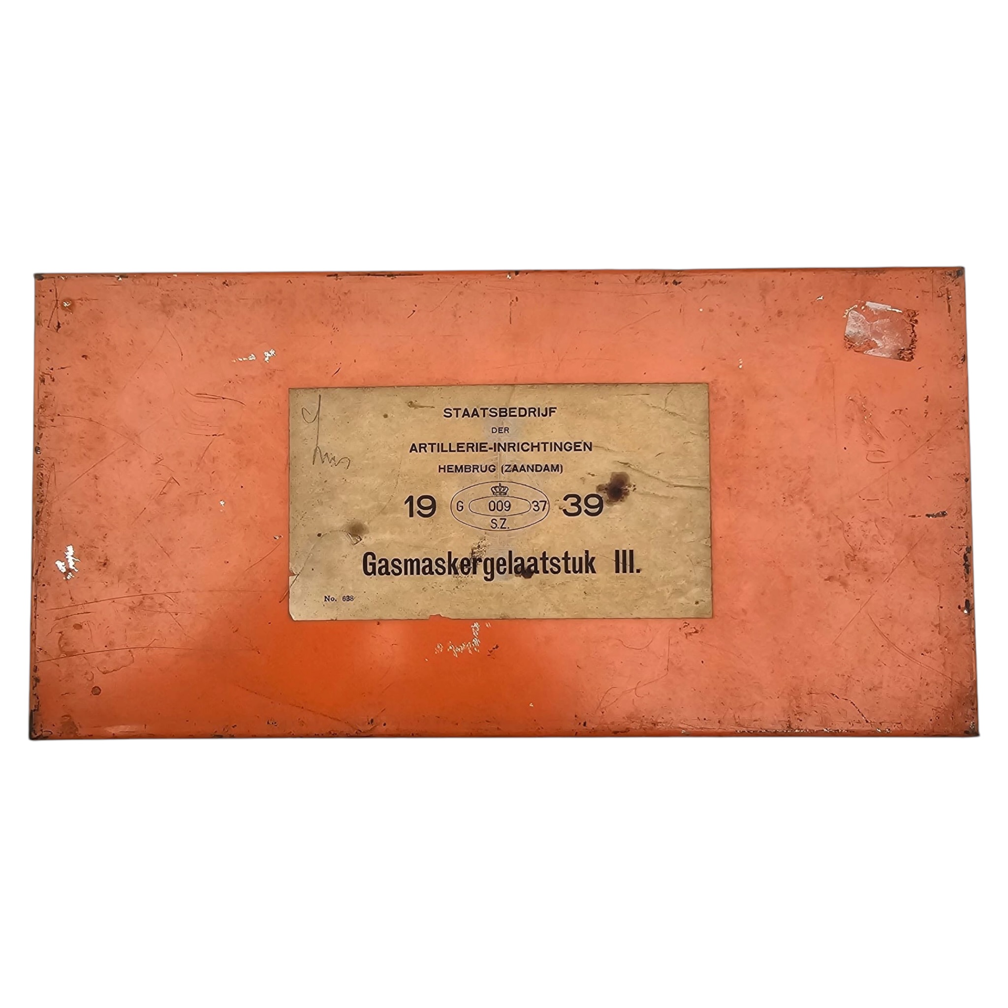 Origineel Nederlands gasmasker Gasmaskergelaatstuk III uit 1939 met oranje blikken doos