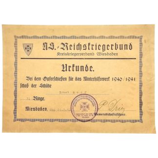 Originele Duitse Urkunde NS-Reichskriegerbund Wiesbaden, Opferschiessen Winterhilfswerk 1940/1941