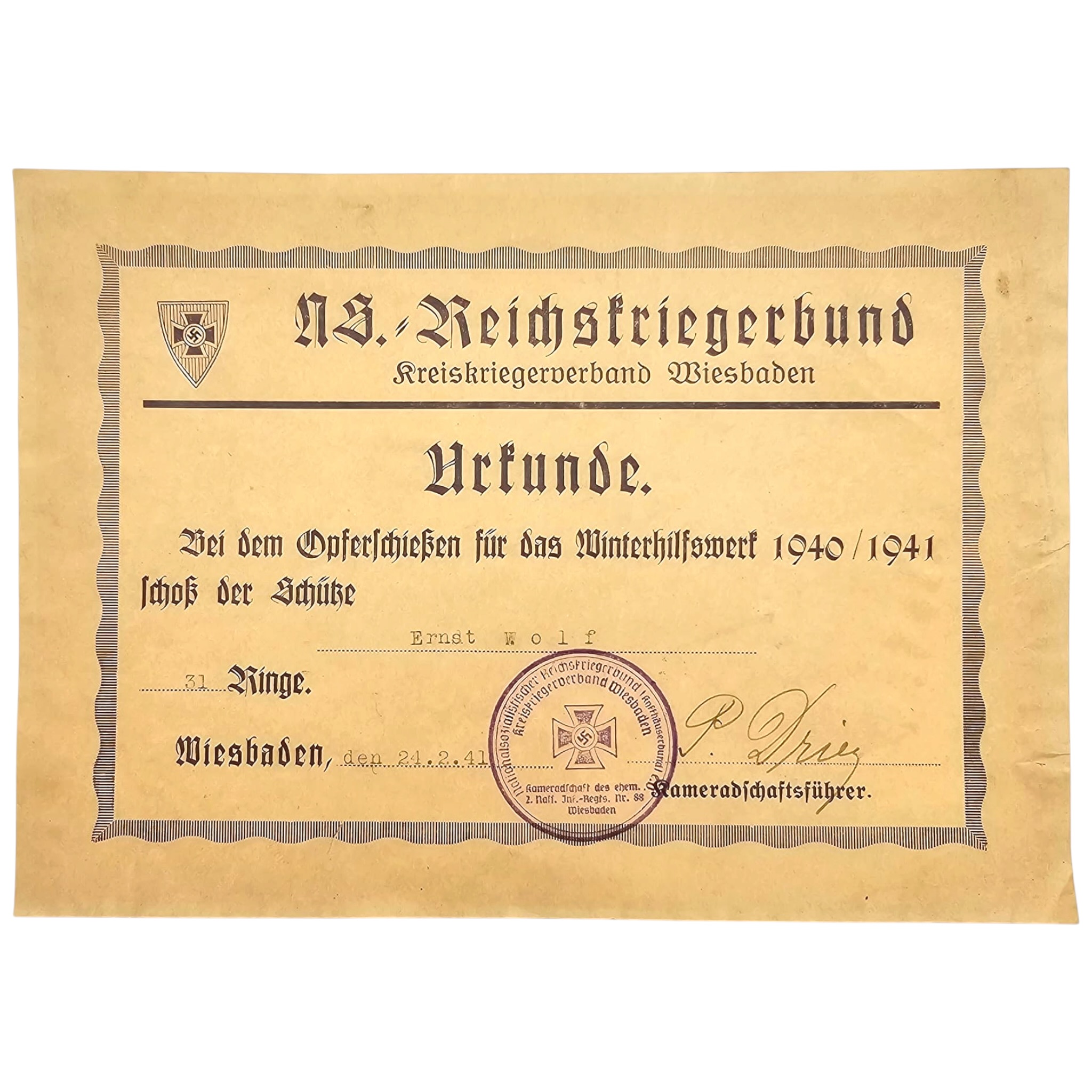 Originele Duitse Urkunde NS-Reichskriegerbund Wiesbaden, Opferschiessen Winterhilfswerk 1940/1941