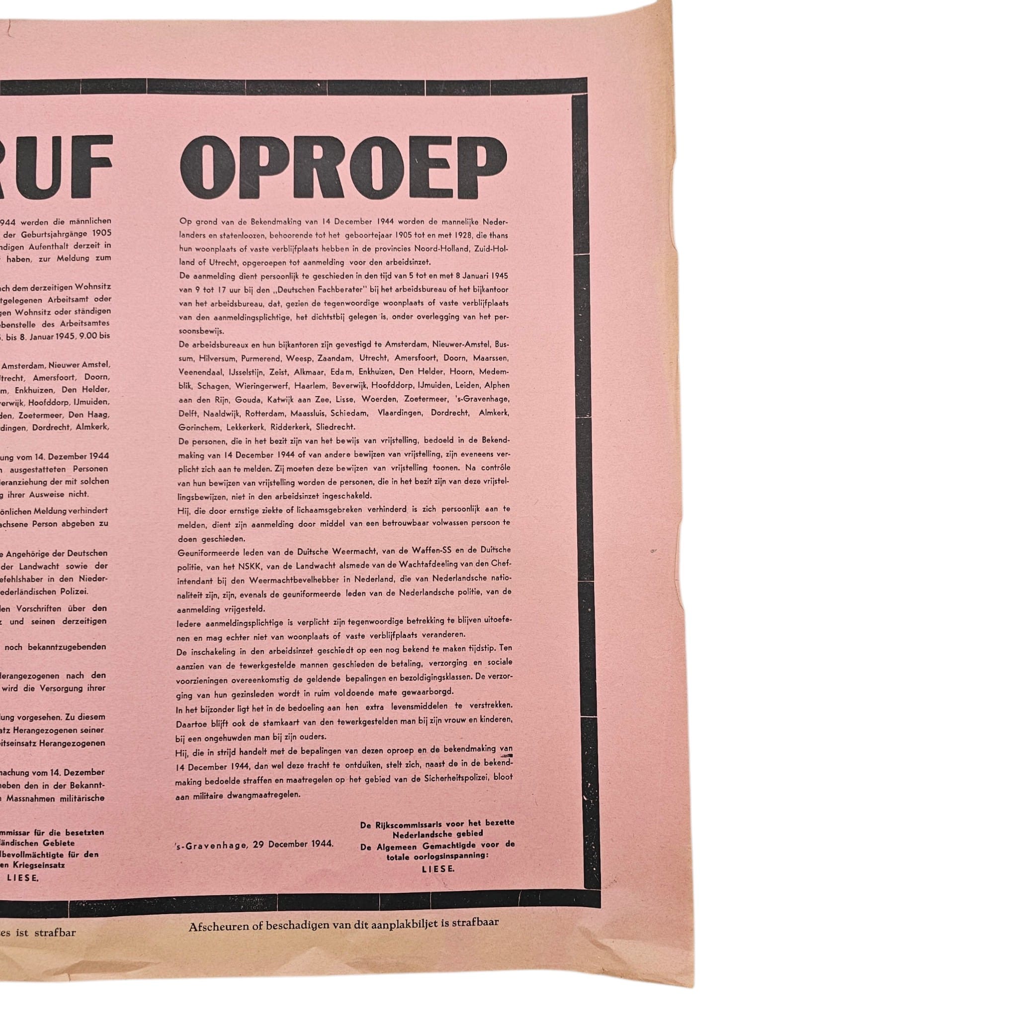 Original WWII German Occupation 'Aufruf Oproep' Arbeitseinsatz Poster – The Hague 29 December 1944