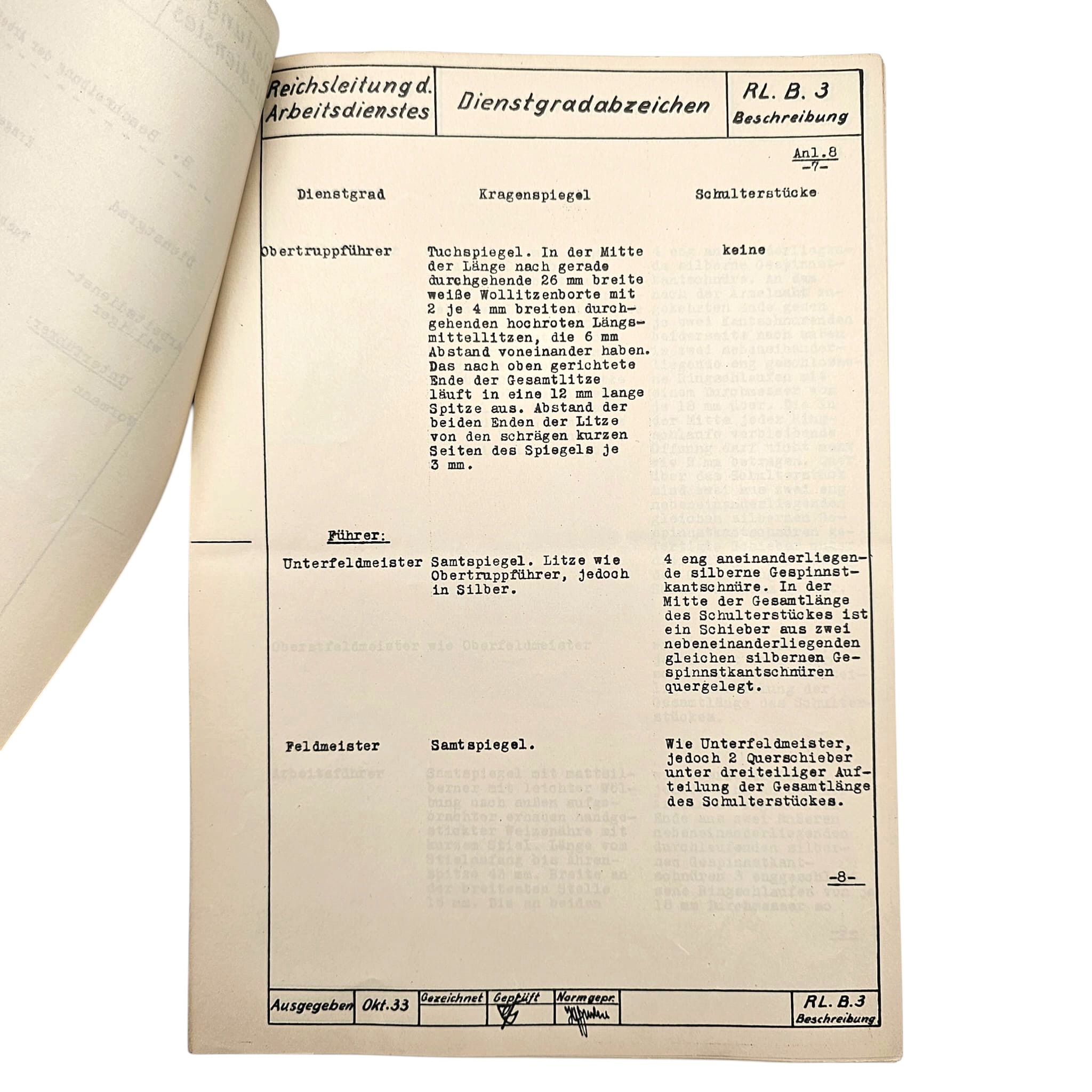 Original 1933 German Arbeitsdienst Uniform Regulations – Dienstgradabzeichen RL.B.3 – Reichsleitung des Arbeitsdienstes