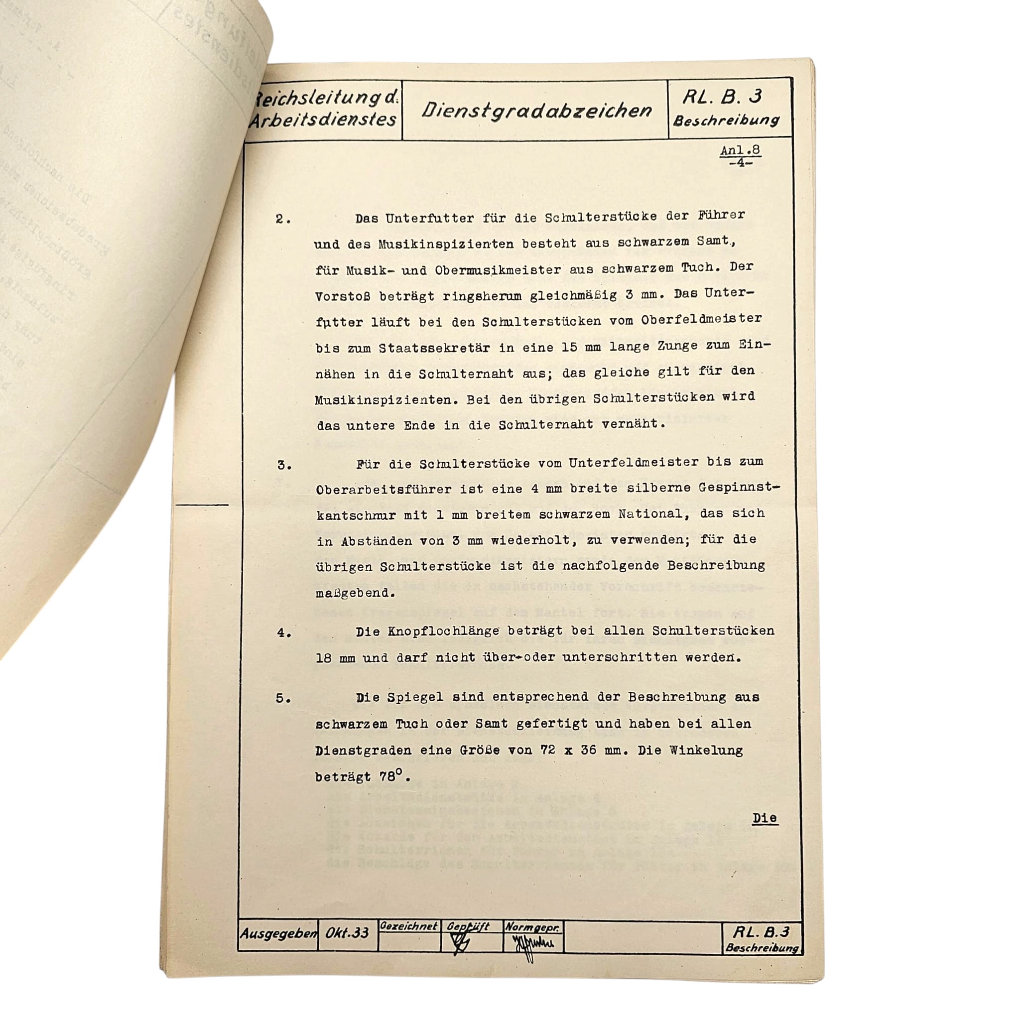 Original 1933 German Arbeitsdienst Uniform Regulations – Dienstgradabzeichen RL.B.3 – Reichsleitung des Arbeitsdienstes