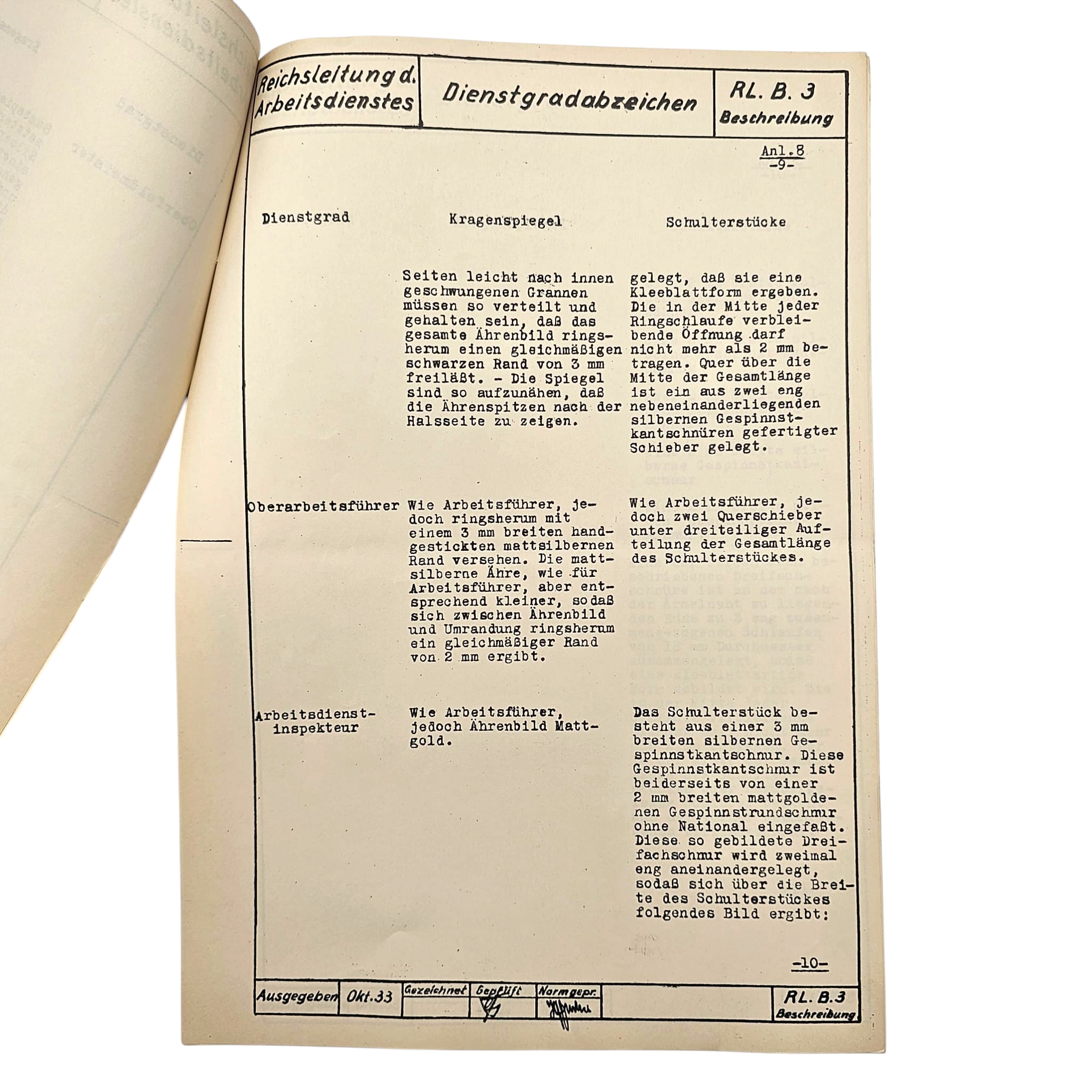 Original 1933 German Arbeitsdienst Uniform Regulations – Dienstgradabzeichen RL.B.3 – Reichsleitung des Arbeitsdienstes