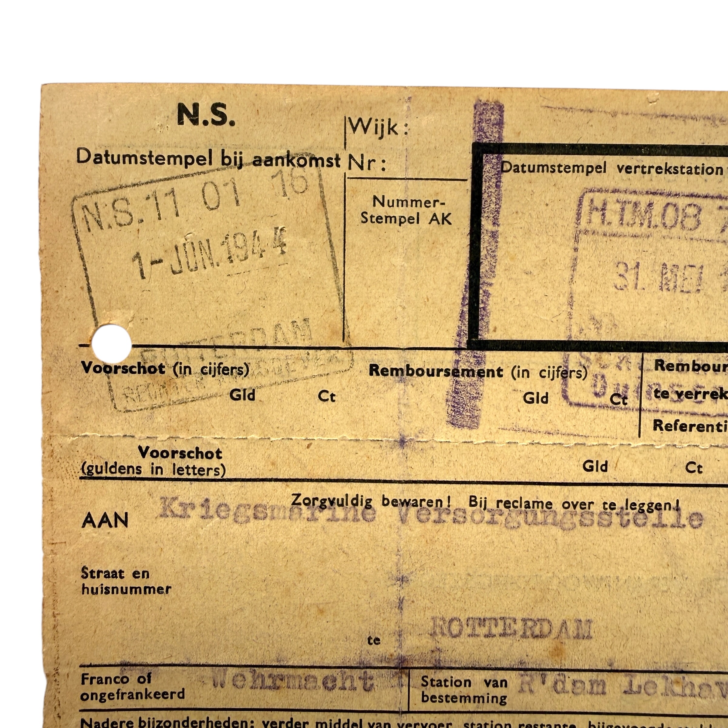 Original WWII 1944 Dutch Railways NS Kriegsmarine Versorgungsstelle Rotterdam Express Freight Document – Scheveningen- 21569 - Afbeelding 3