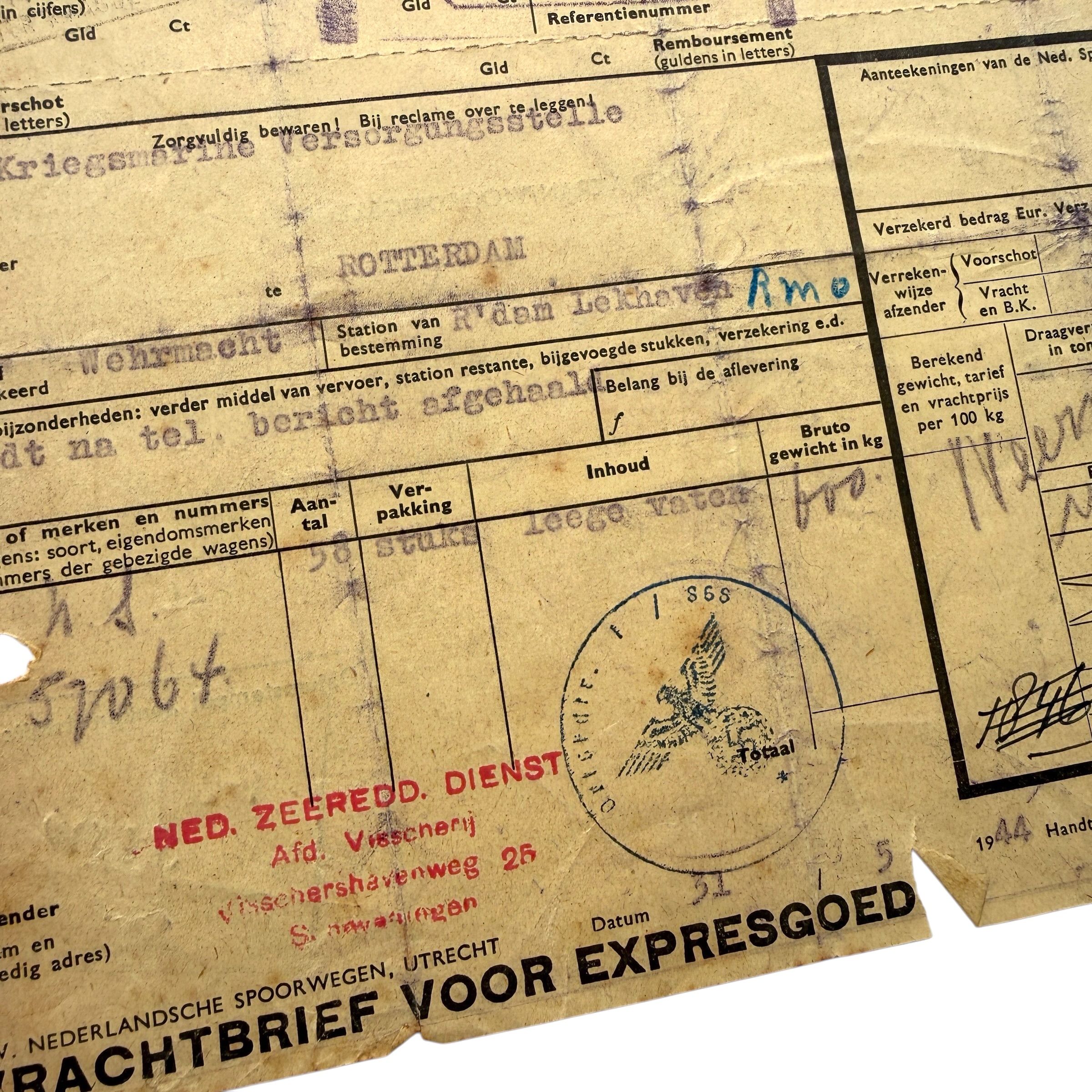 Original WWII 1944 Dutch Railways NS Kriegsmarine Versorgungsstelle Rotterdam Express Freight Document – Scheveningen- 21569 - Afbeelding 2