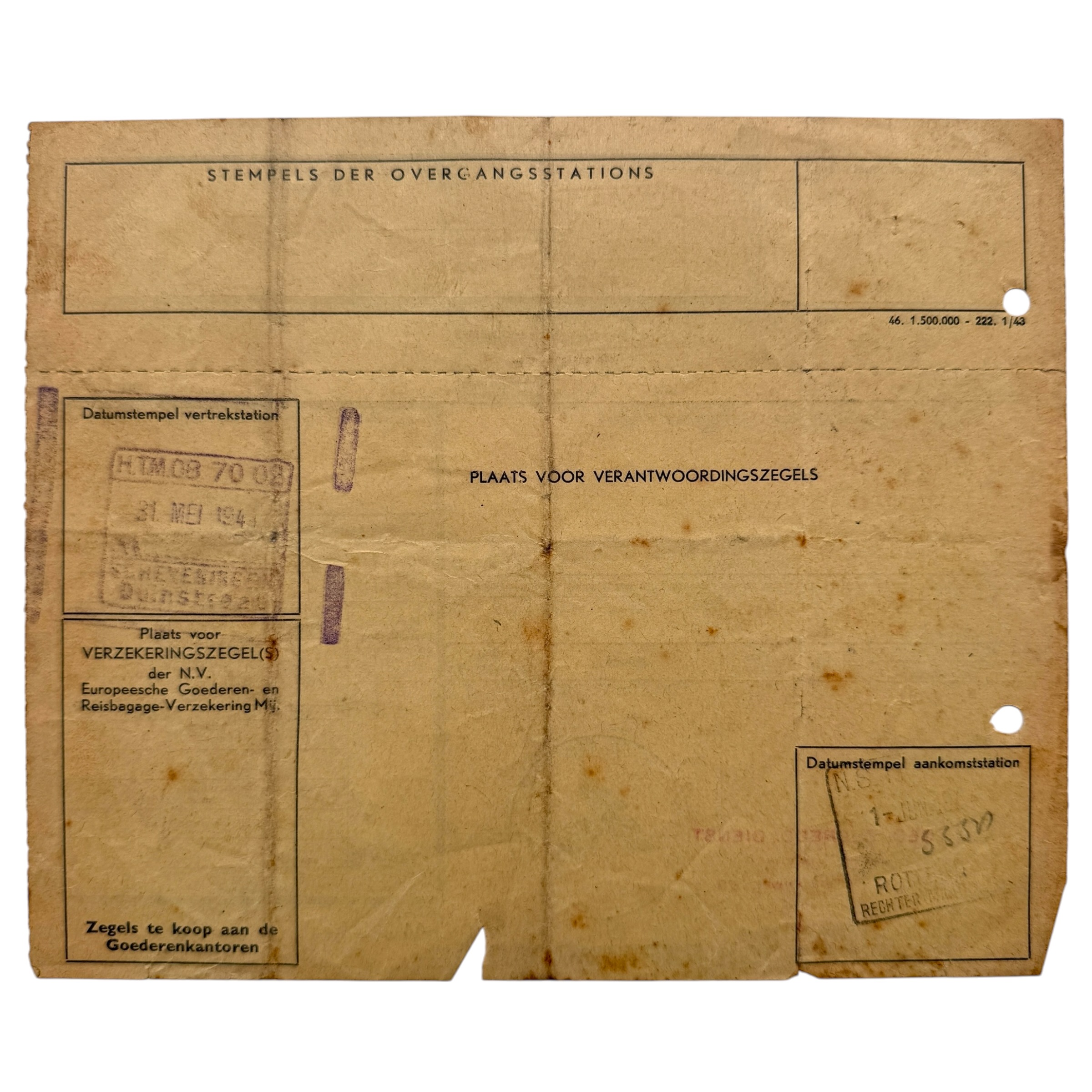 Original WWII 1944 Dutch Railways NS Kriegsmarine Versorgungsstelle Rotterdam Express Freight Document – Scheveningen- 21569 - Afbeelding 4