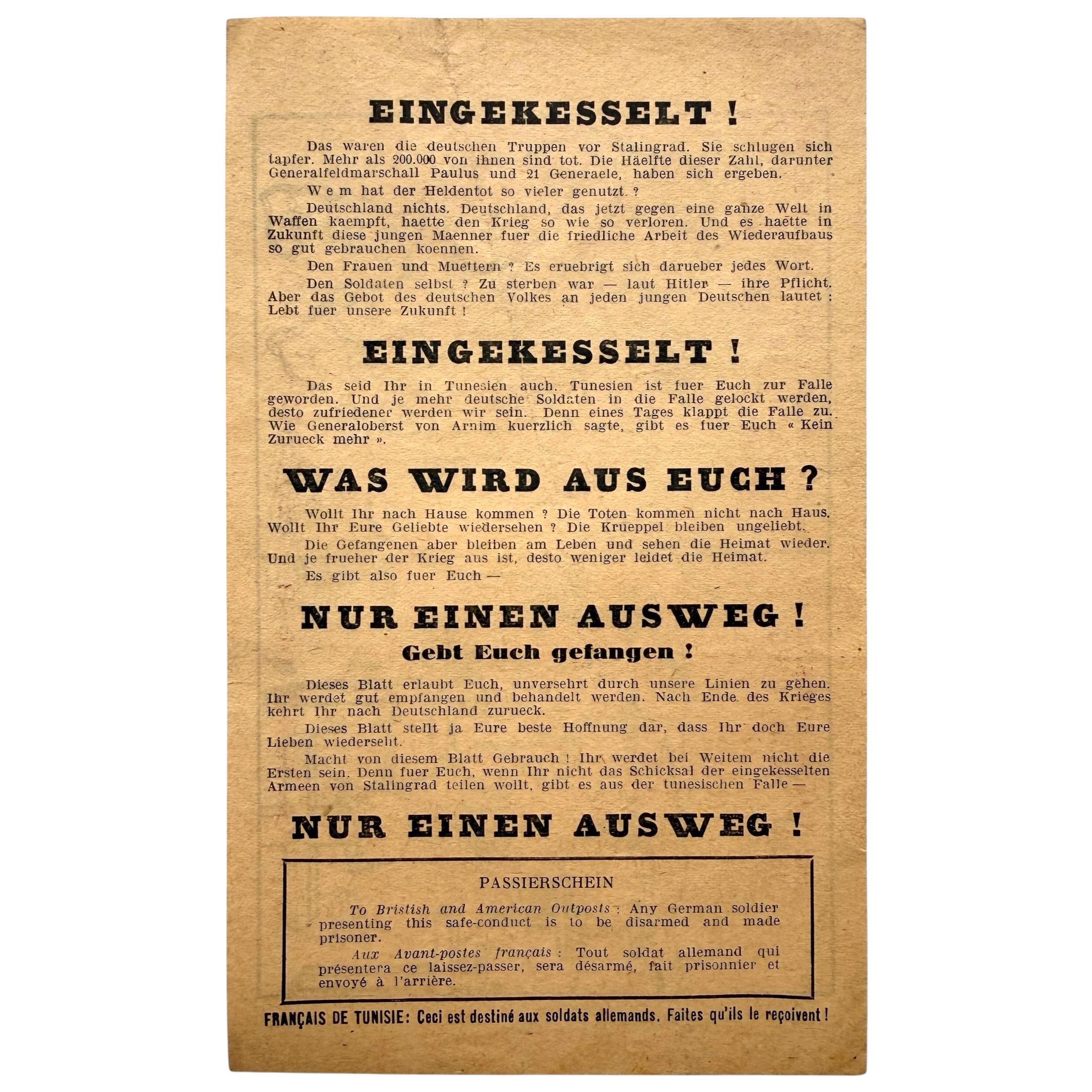 Original WWII Allied 1943 Afrika Korps Tunisia German Surrender Propaganda Leaflet with Safe Conduct Pass – Stalingrad - Afbeelding 2