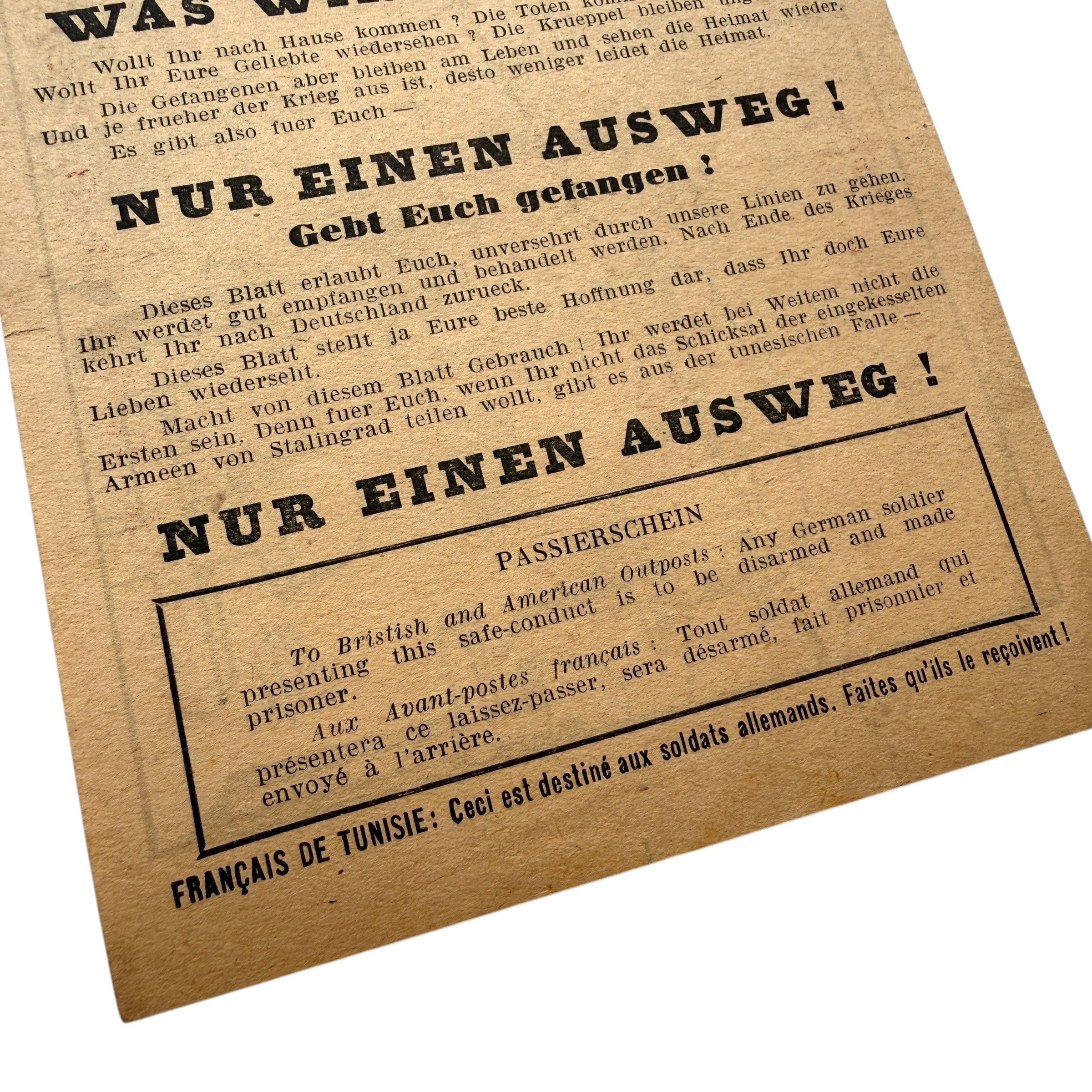 Original WWII Allied 1943 Afrika Korps Tunisia German Surrender Propaganda Leaflet with Safe Conduct Pass – Stalingrad - Afbeelding 3