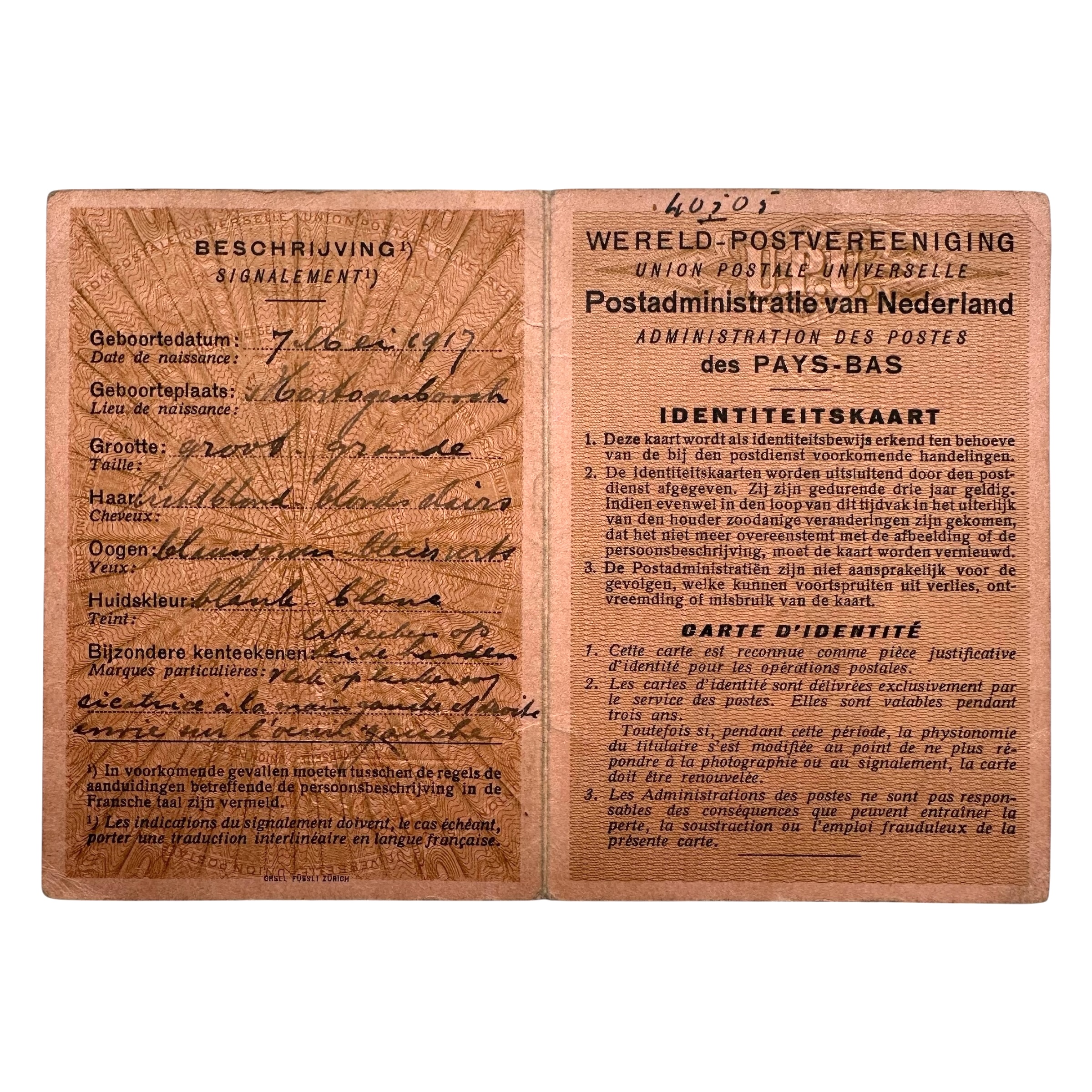 Original May 1940 Dutch Identity Card – 's-Gravenhage & 's-Hertogenbosch