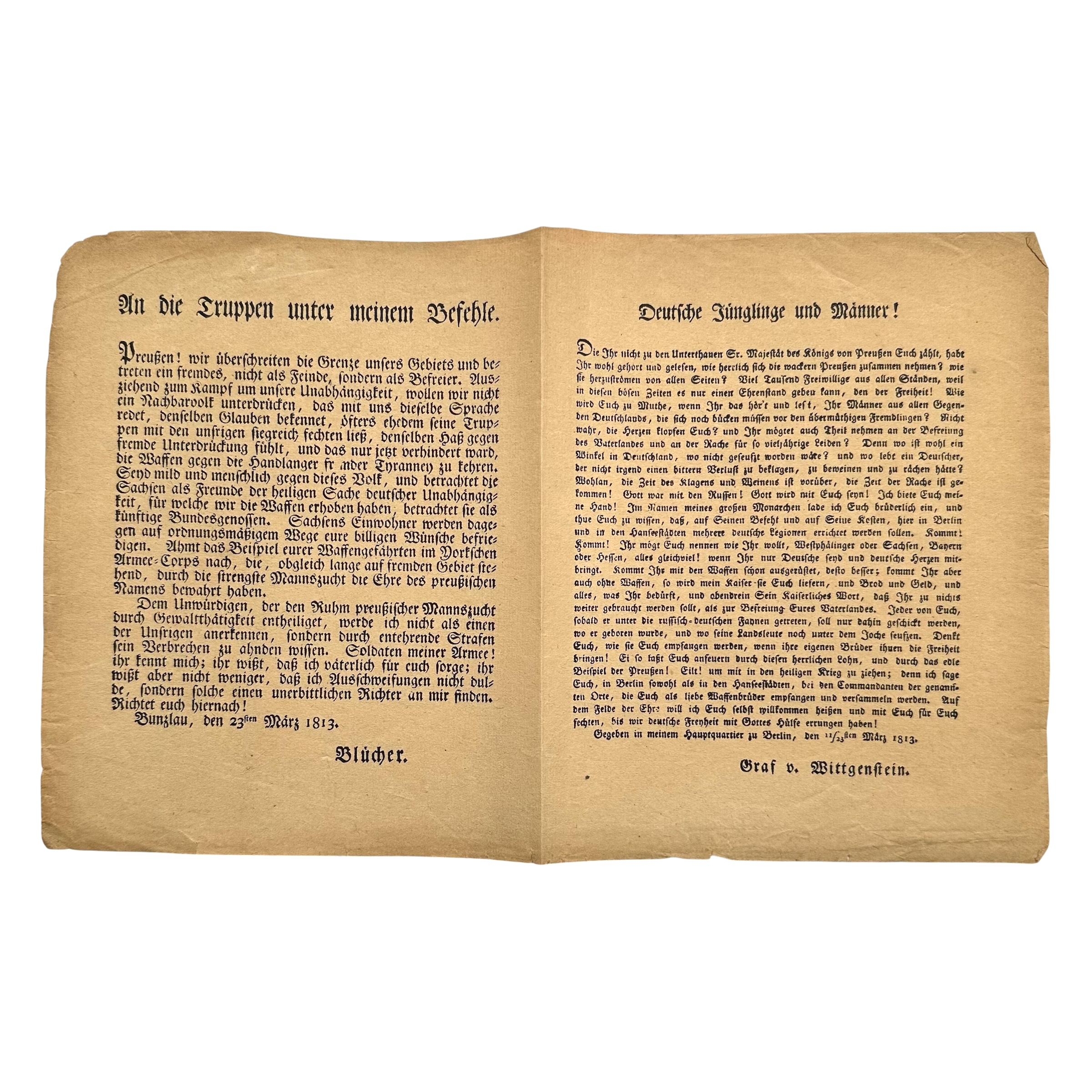 Original German 1813 Liberation Wars Document – Blücher & Graf von Wittgenstein Proclamations
