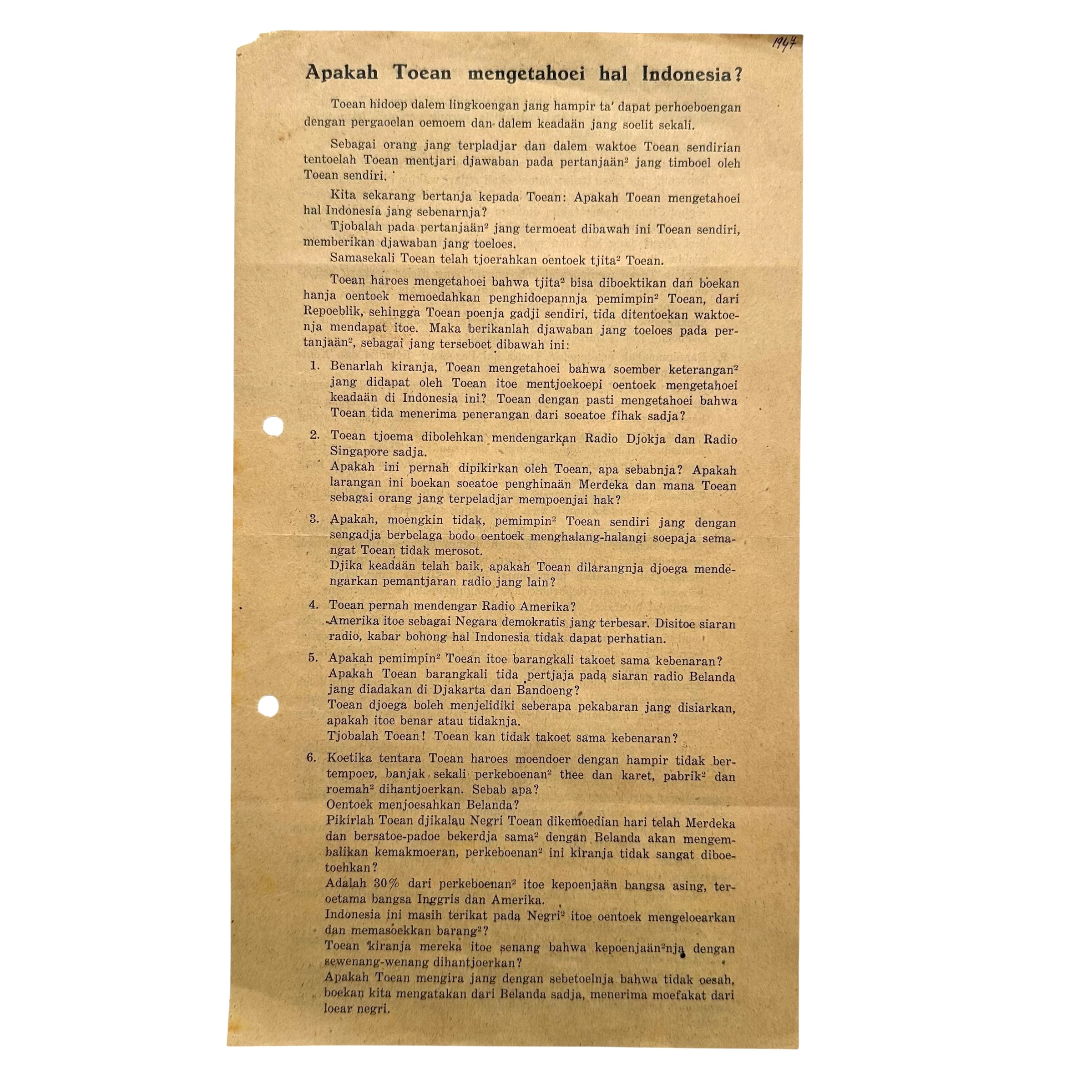 Original 1945-1949 Netherlands East Indies Indonesian Independence Propaganda Flyers – S.H. Spoor