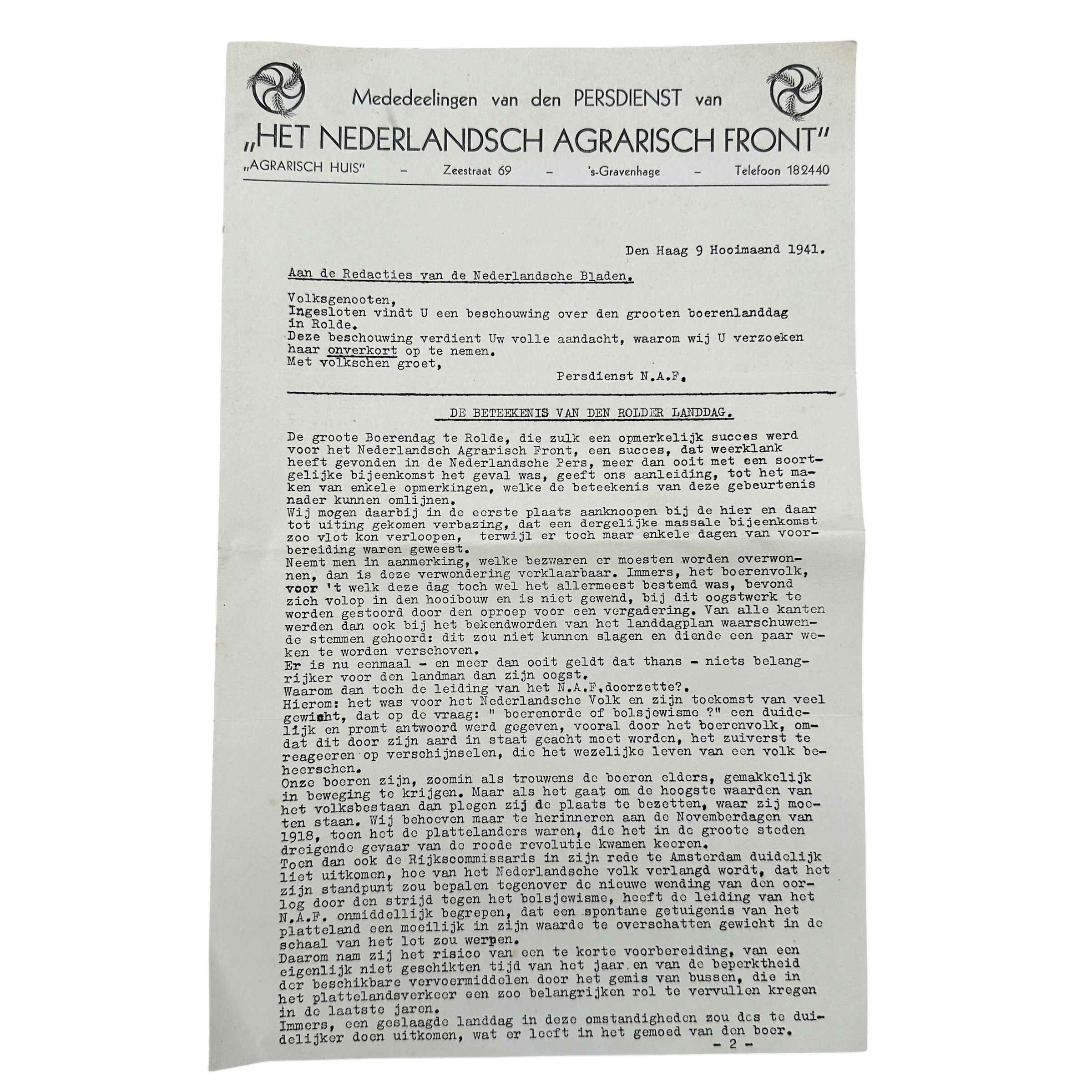 Original WWII Dutch Collaboration Document Set – Nederlandsch Agrarisch Front & Agrarisch Persnieuws 1941 - Afbeelding 7