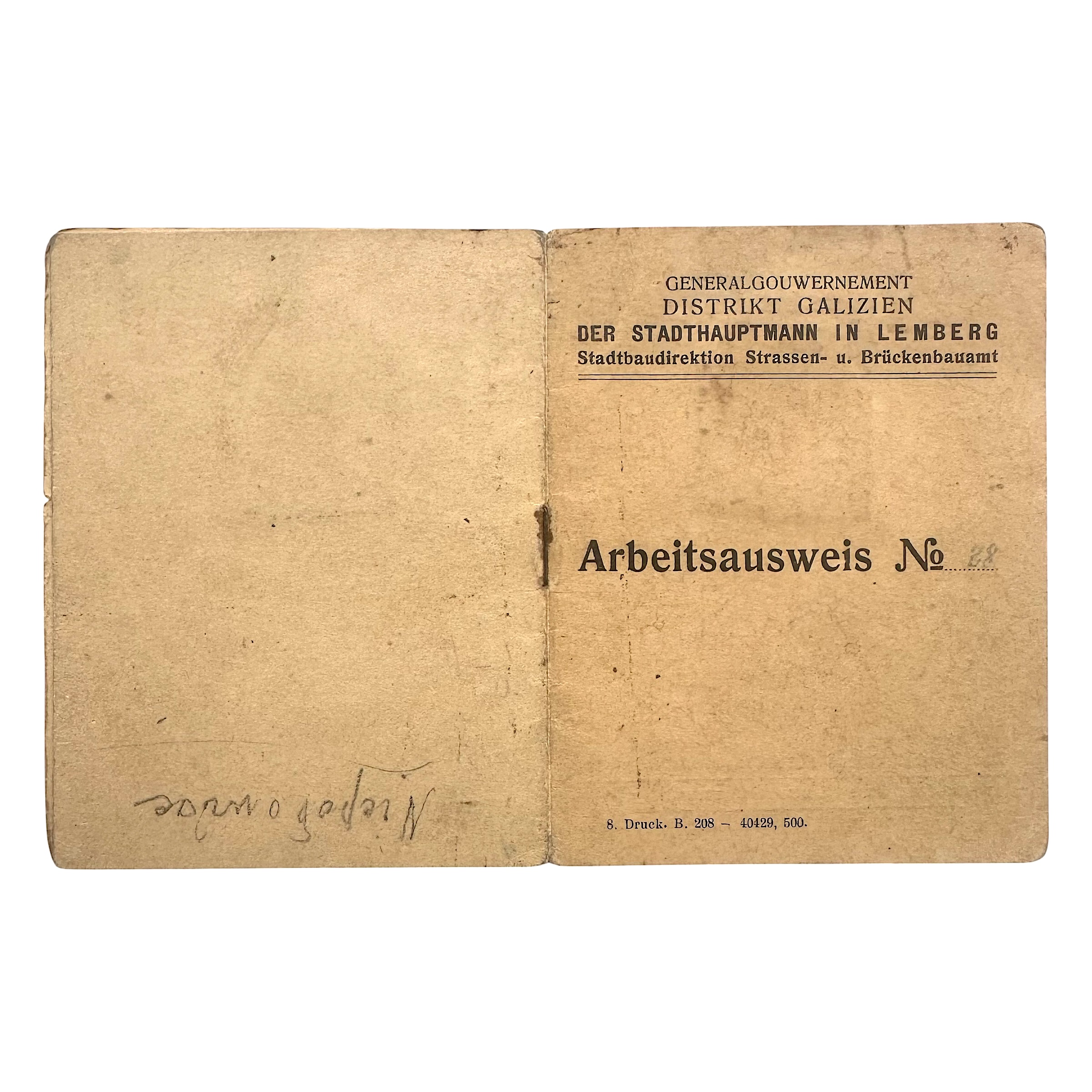 Original WWII German Arbeitsausweis Lemberg 1942 – General Government District Galicia