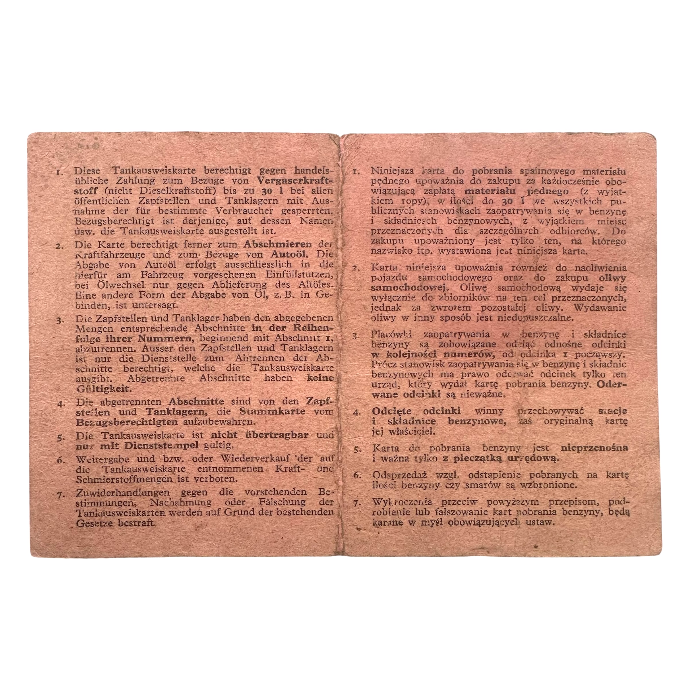 Original WWII German General Government Tankausweiskarte Fuel Ration Card – Occupied Poland