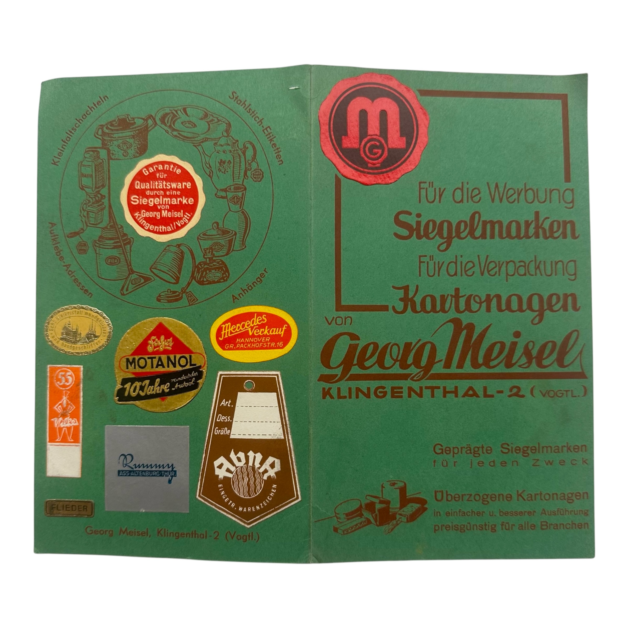 Original WWII German Georg Meisel Advertising Brochure with Seal Labels and Packaging Samples