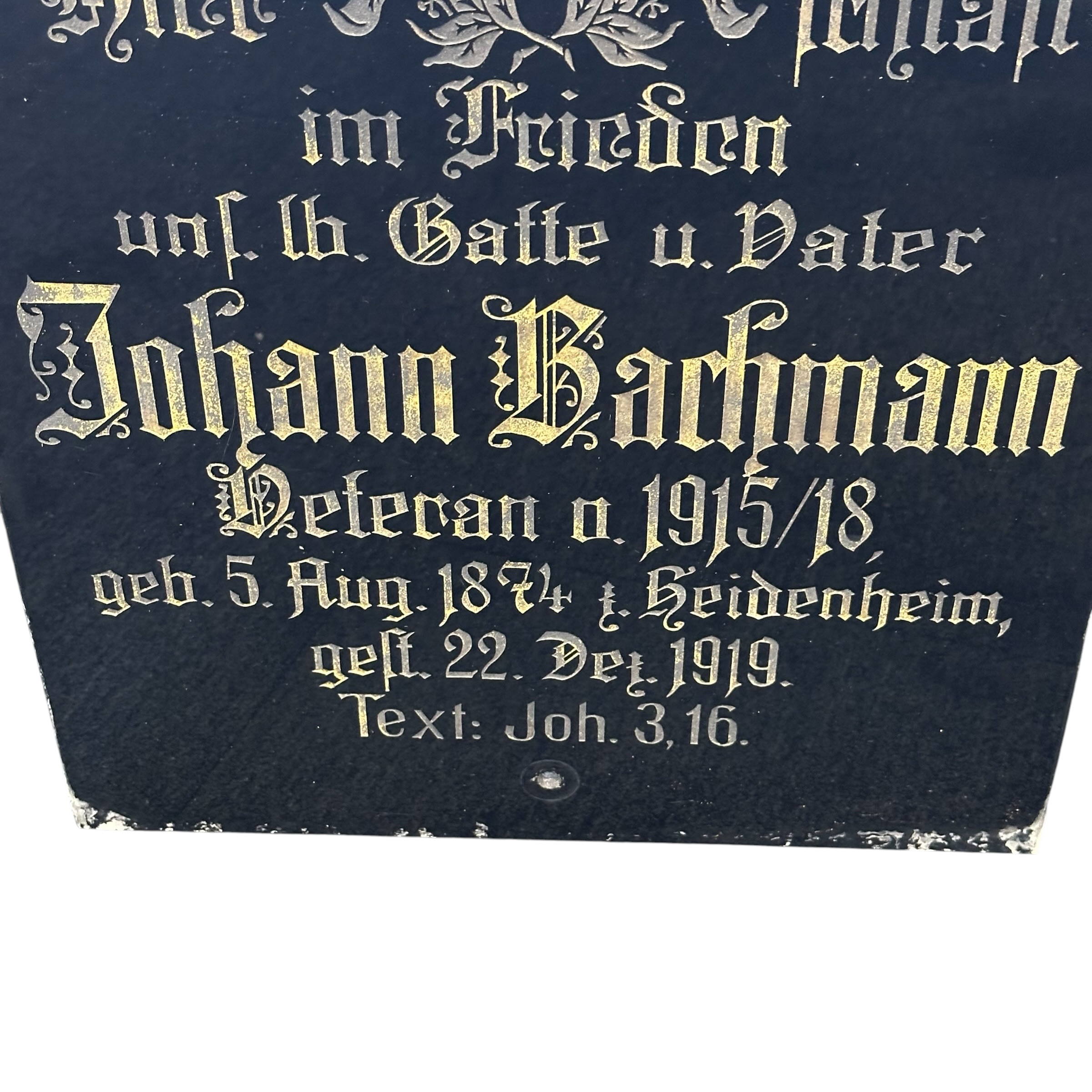 Original WW1 German Veteran Memorial Grave Plaque – Johann Bachmann 1915–1918 – Iron Cross